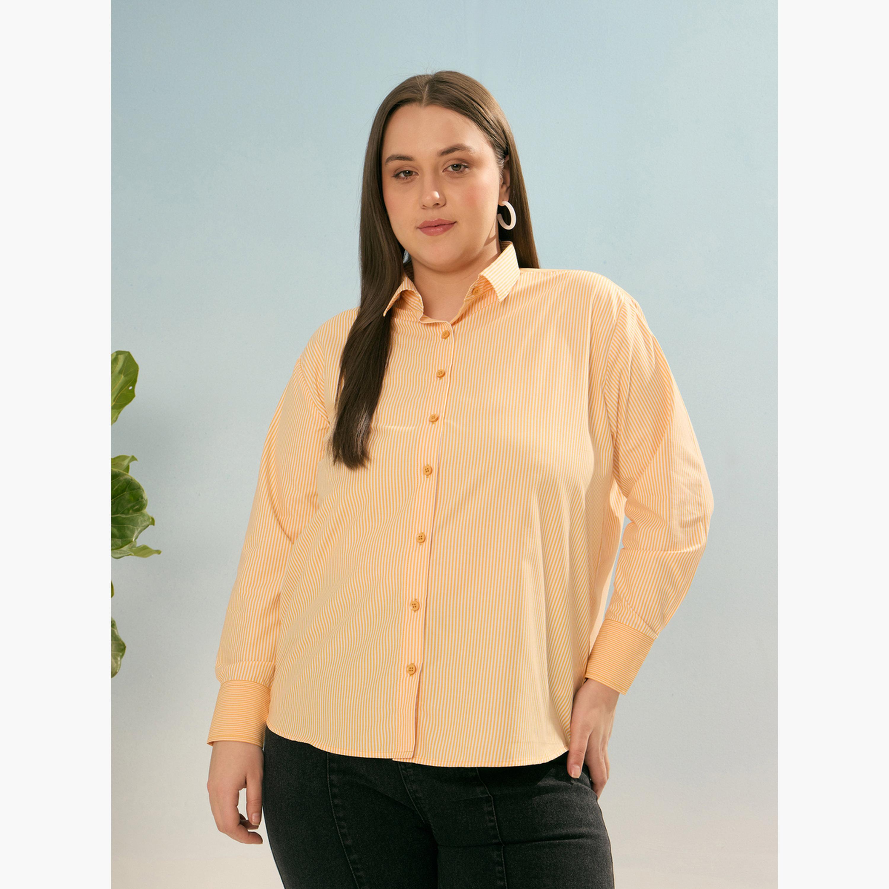 Sassafras Plus Size Yellow Striped Long Sleeve Shirt-women-clothing-shirtsandblouses-shirts-image-4