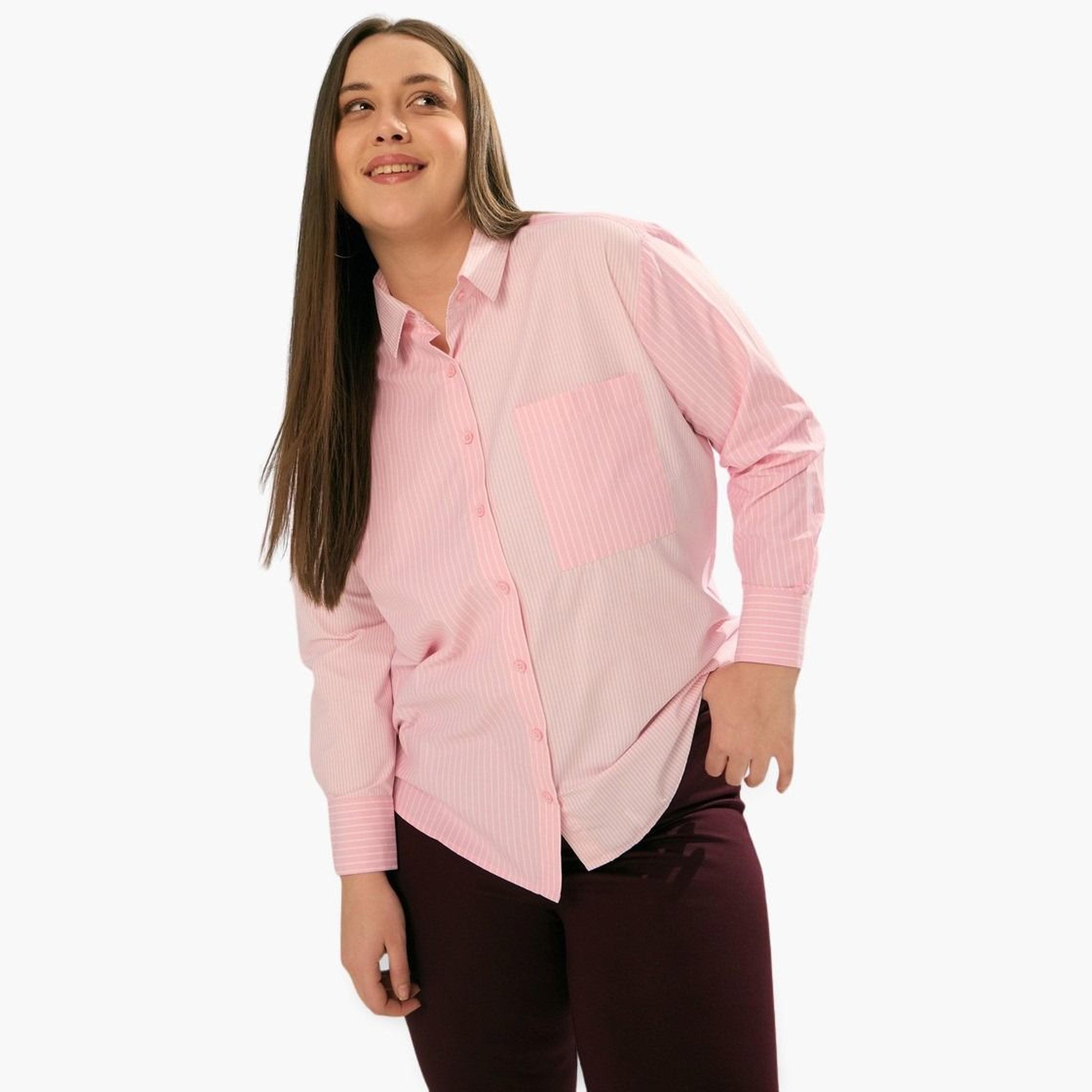 ساسافراس - قميص مخطط وردي بأكمام طويلة بمقاس واسع-women-clothing-shirtsandblouses-shirts-image-1