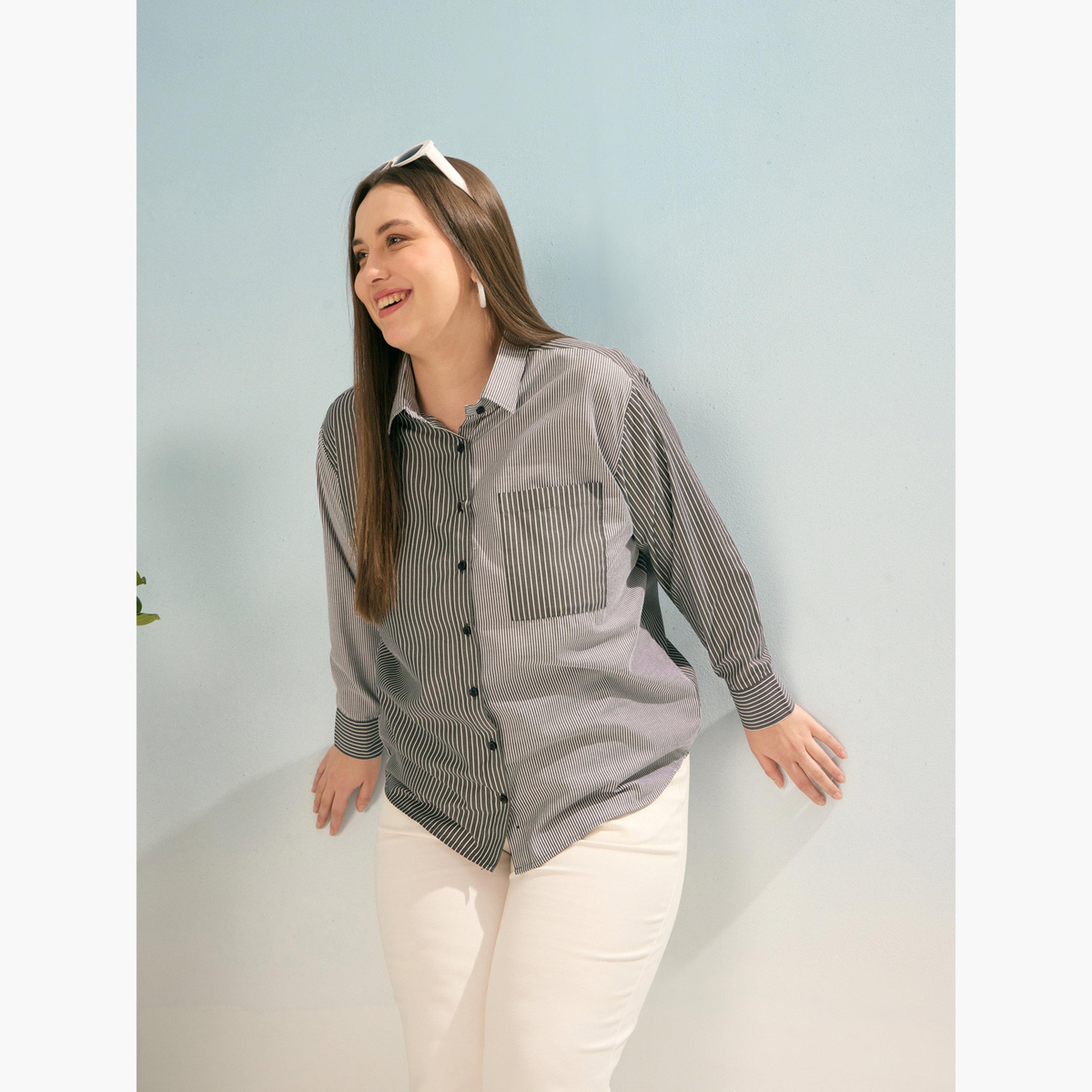 ساسافراس - قميص مخطط أسود بأكمام طويلة بمقاس واسع-women-clothing-shirtsandblouses-shirts-image-1