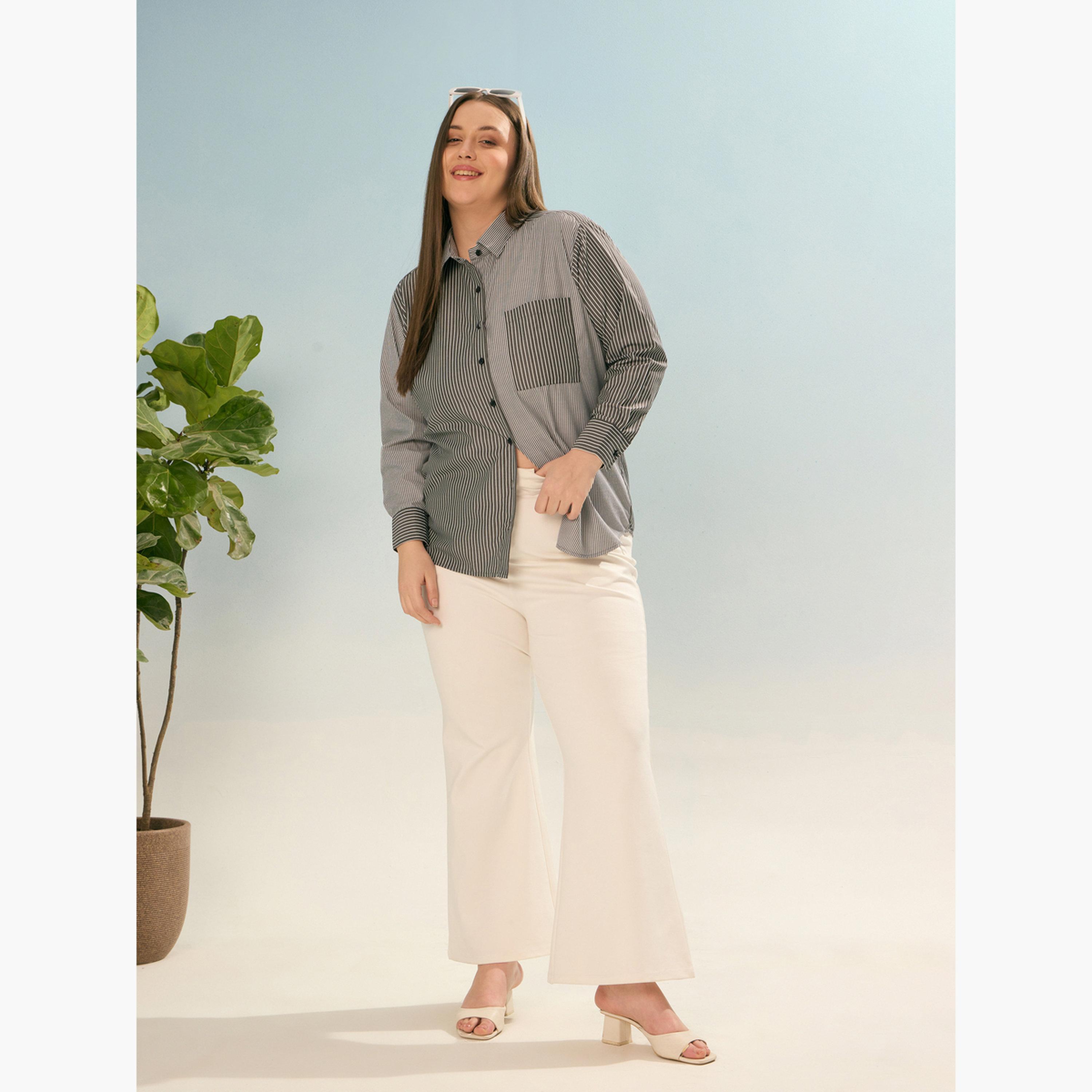 Sassafras Plus Size Black Striped Long Sleeve Shirt-women-clothing-shirtsandblouses-shirts-image-2