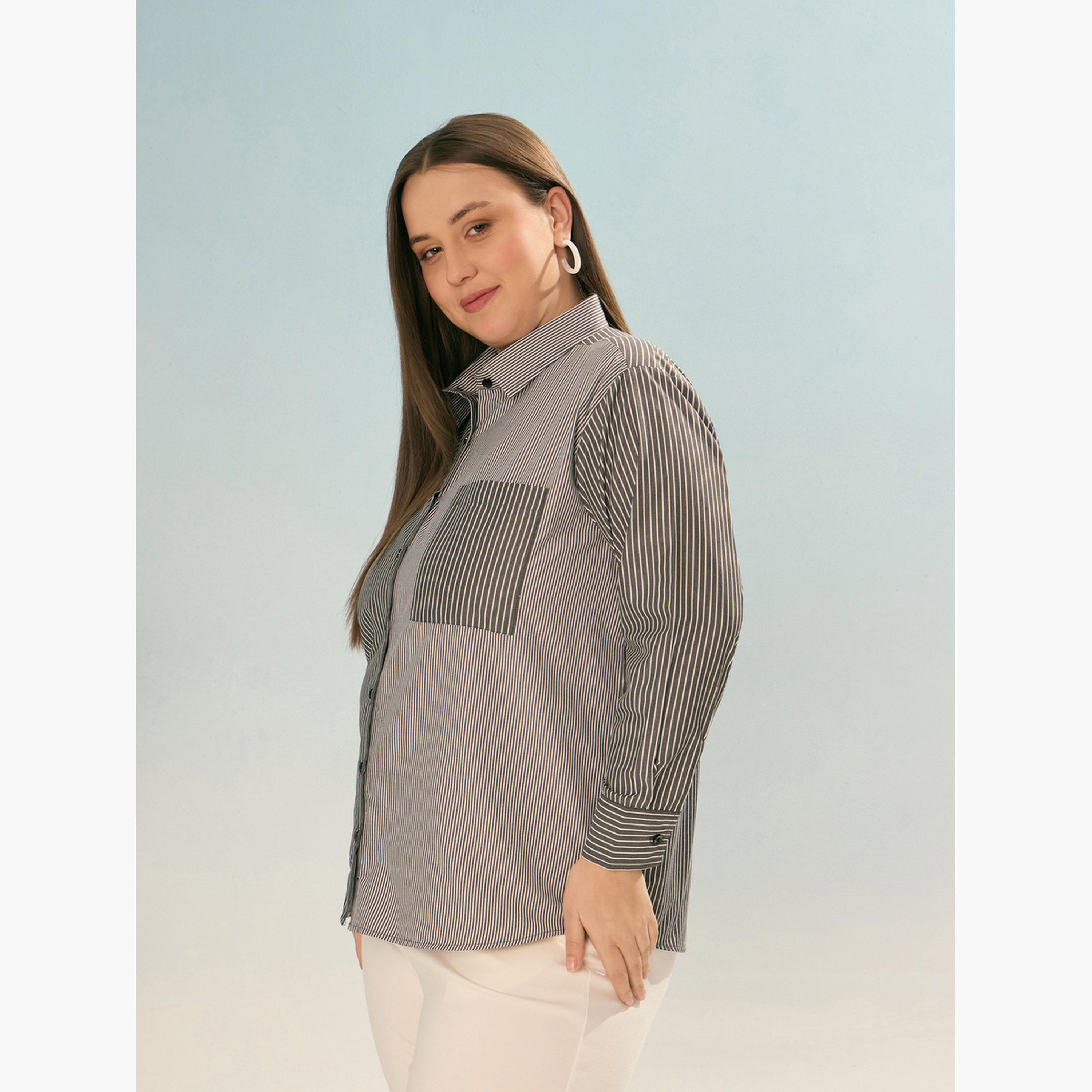 Sassafras Plus Size Black Striped Long Sleeve Shirt-women-clothing-shirtsandblouses-shirts-image-3