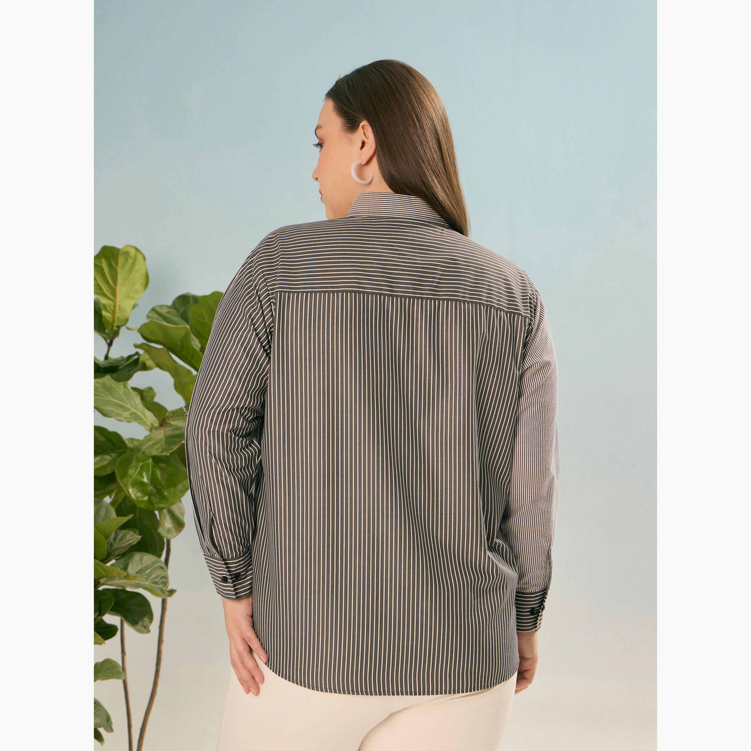 Sassafras Plus Size Black Striped Long Sleeve Shirt-women-clothing-shirtsandblouses-shirts-image-5