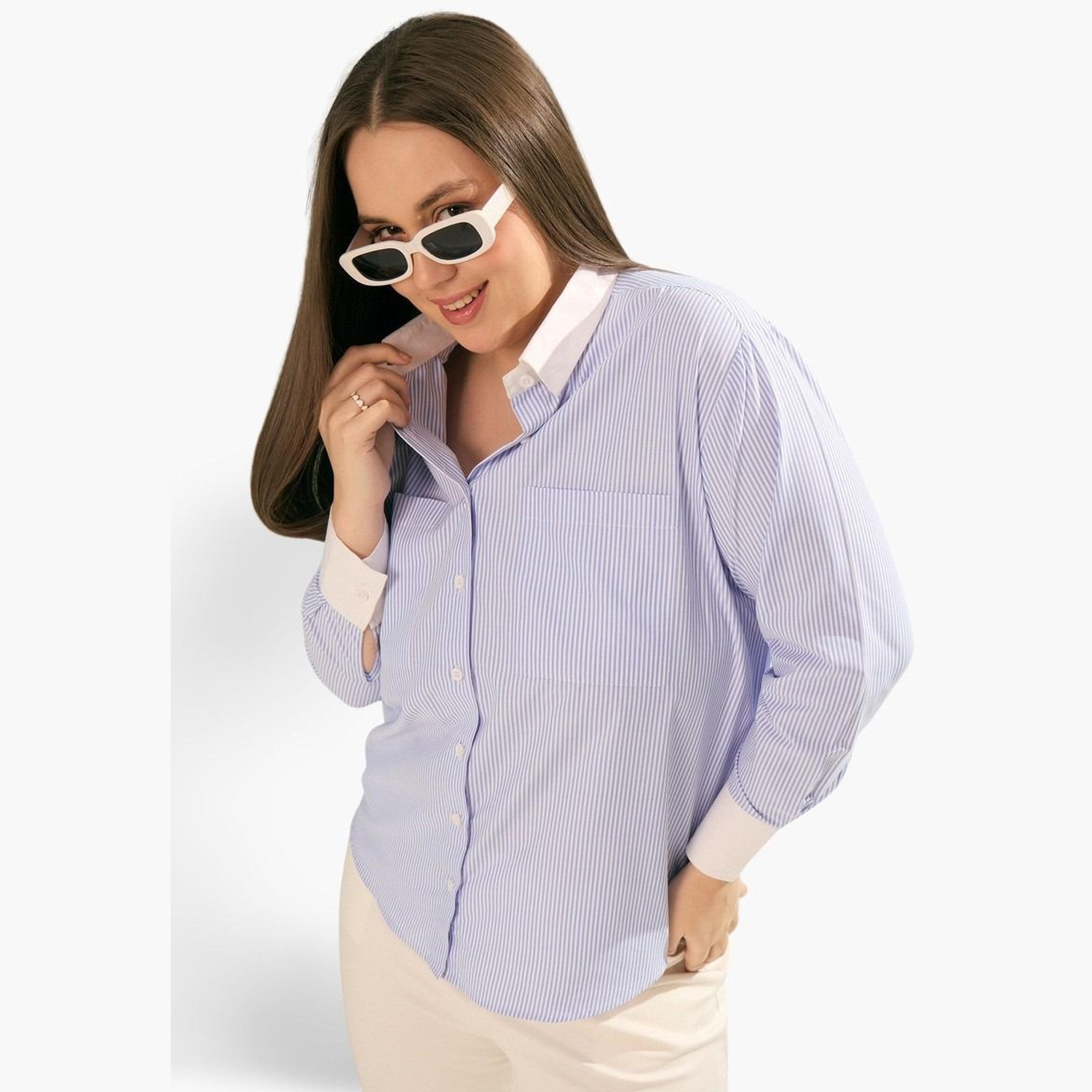 Sassafras Plus Size Blue Striped Long Sleeve Shirt-women-clothing-shirtsandblouses-shirts-image-1