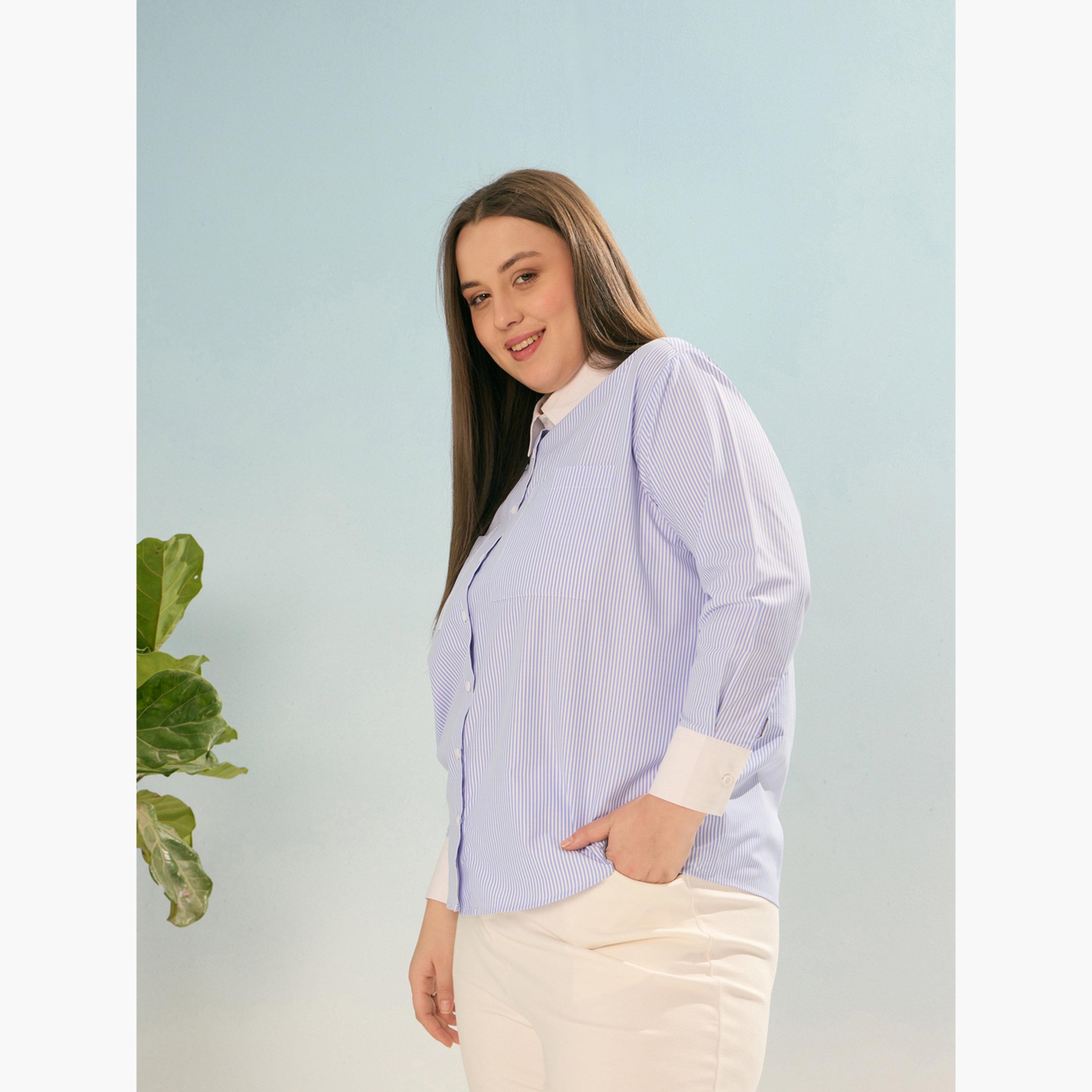 Sassafras Plus Size Blue Striped Long Sleeve Shirt-women-clothing-shirtsandblouses-shirts-image-3