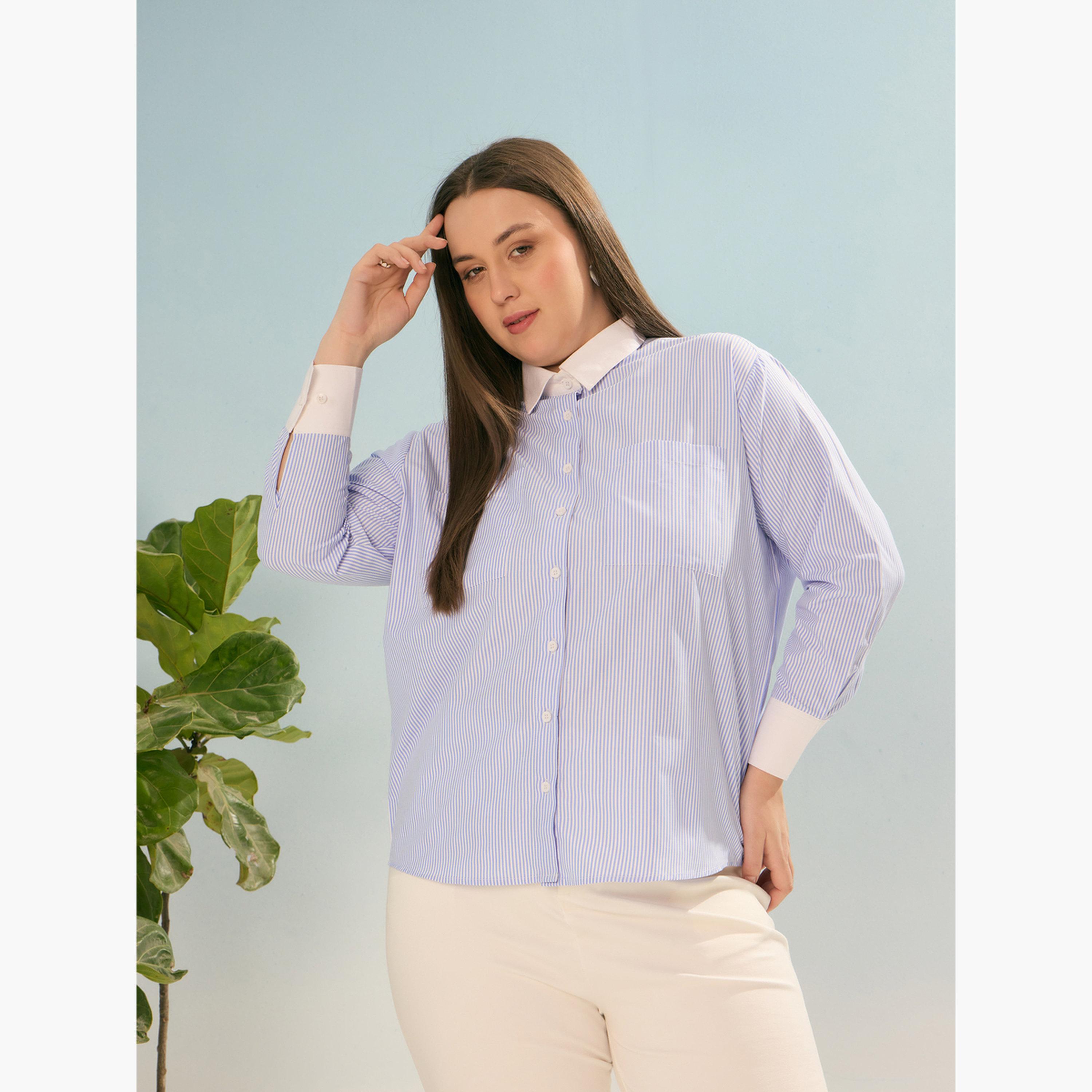 ساسافراس - قميص مخطط أزرق بأكمام طويلة بمقاس واسع-women-clothing-shirtsandblouses-shirts-image-4
