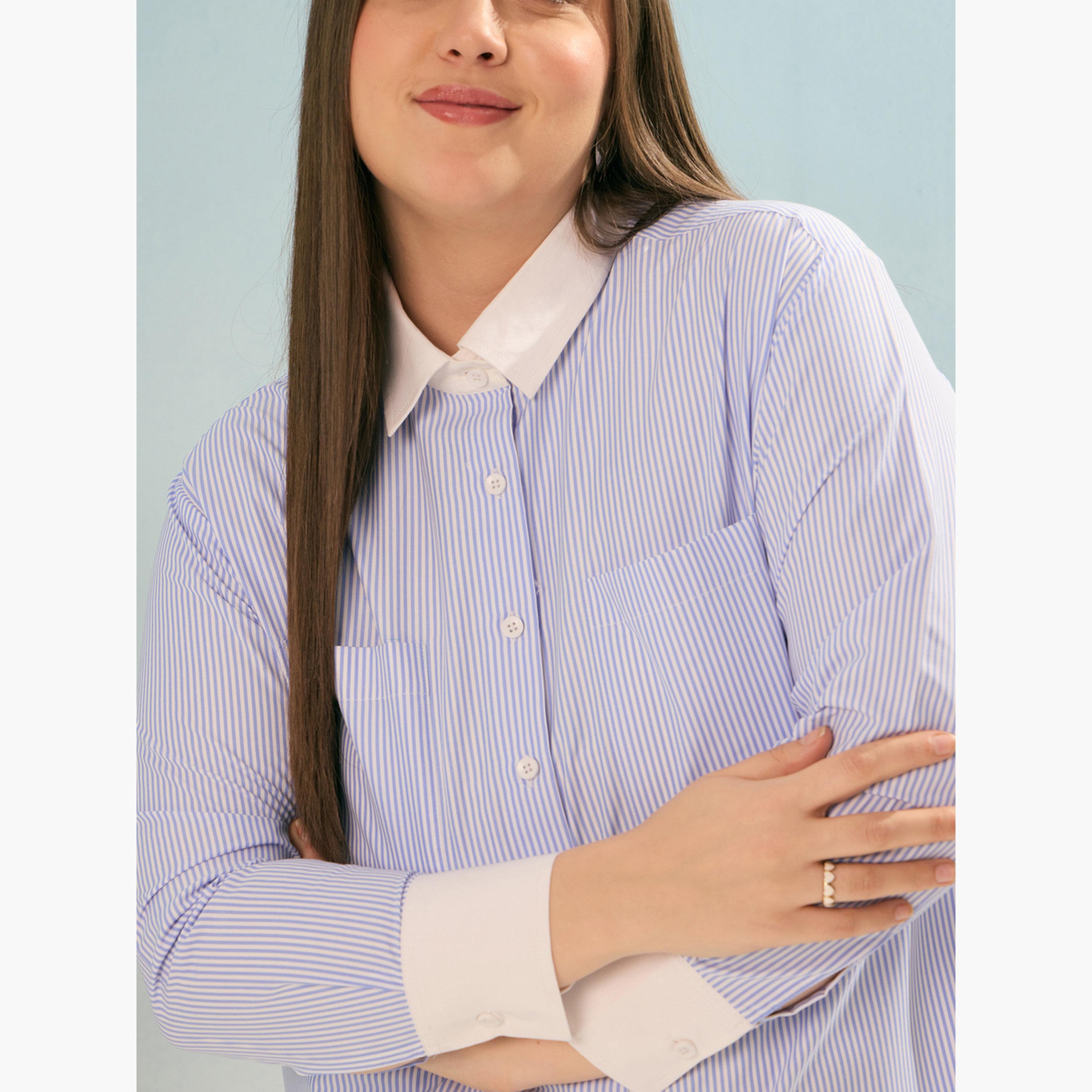 ساسافراس - قميص مخطط أزرق بأكمام طويلة بمقاس واسع-women-clothing-shirtsandblouses-shirts-image-6