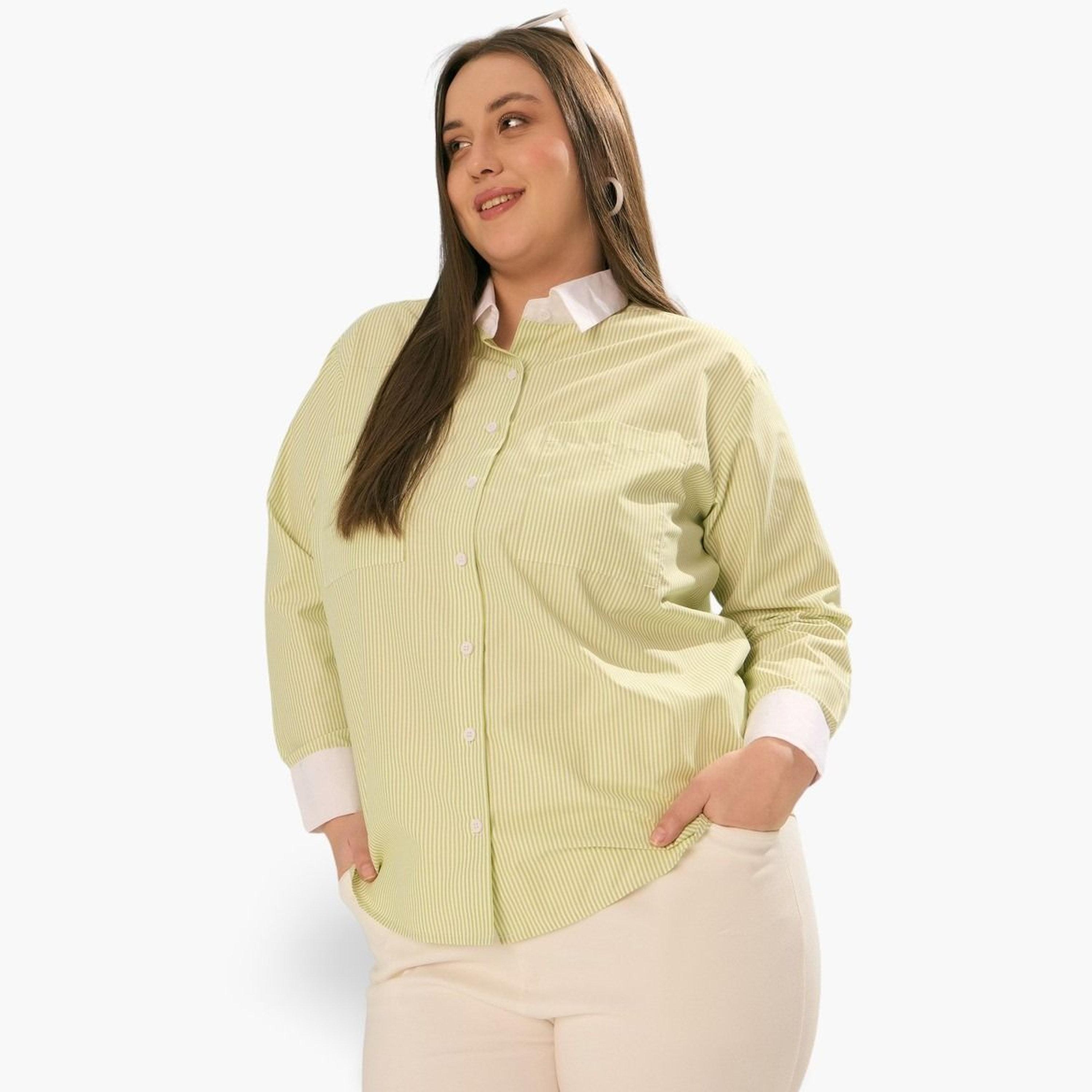 ساسافراس - قميص مخطط باللون الأخضر بأكمام طويلة ومقاس واسع-women-clothing-shirtsandblouses-shirts-image-1