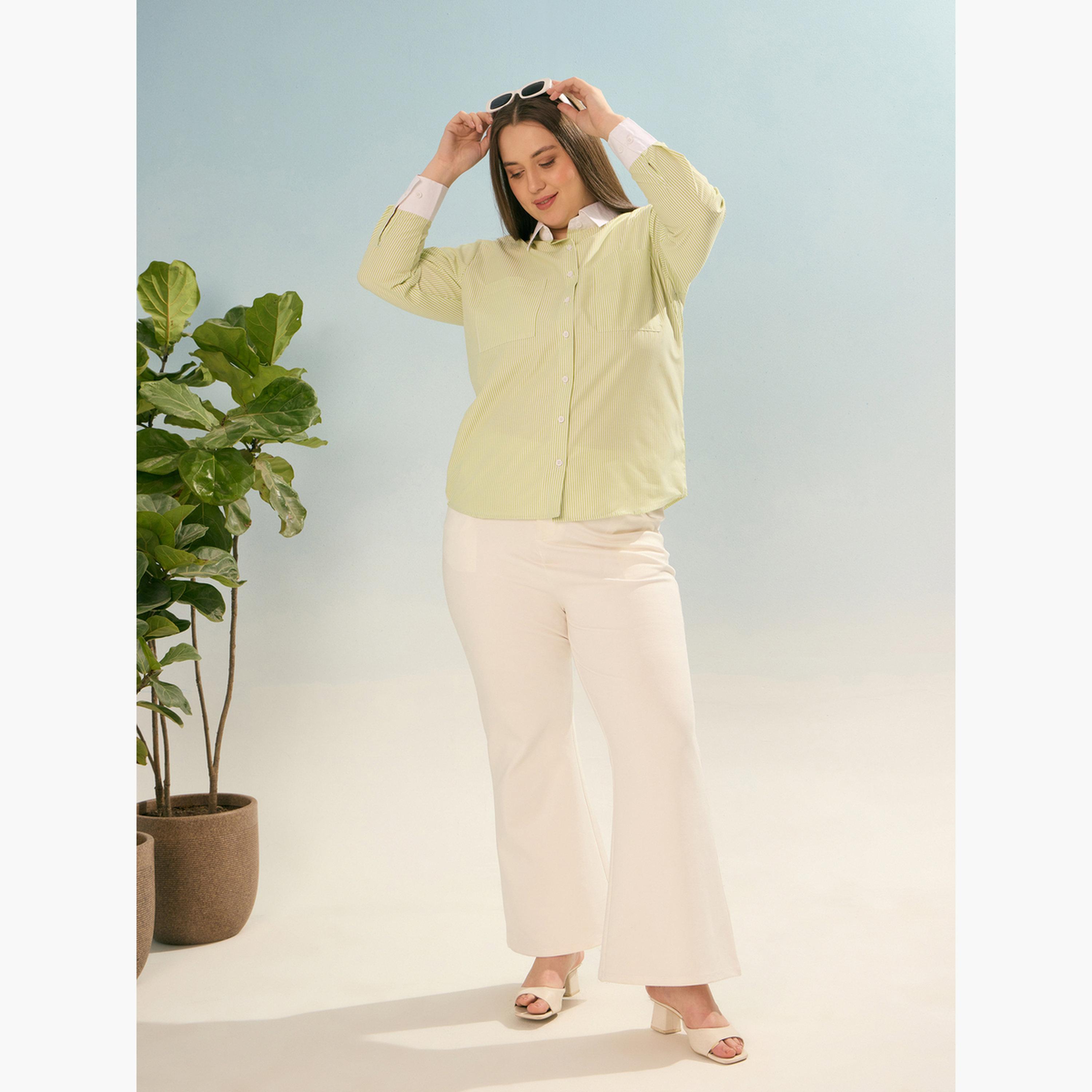 Sassafras Plus Size Green Striped Long Sleeve Shirt-women-clothing-shirtsandblouses-shirts-image-2