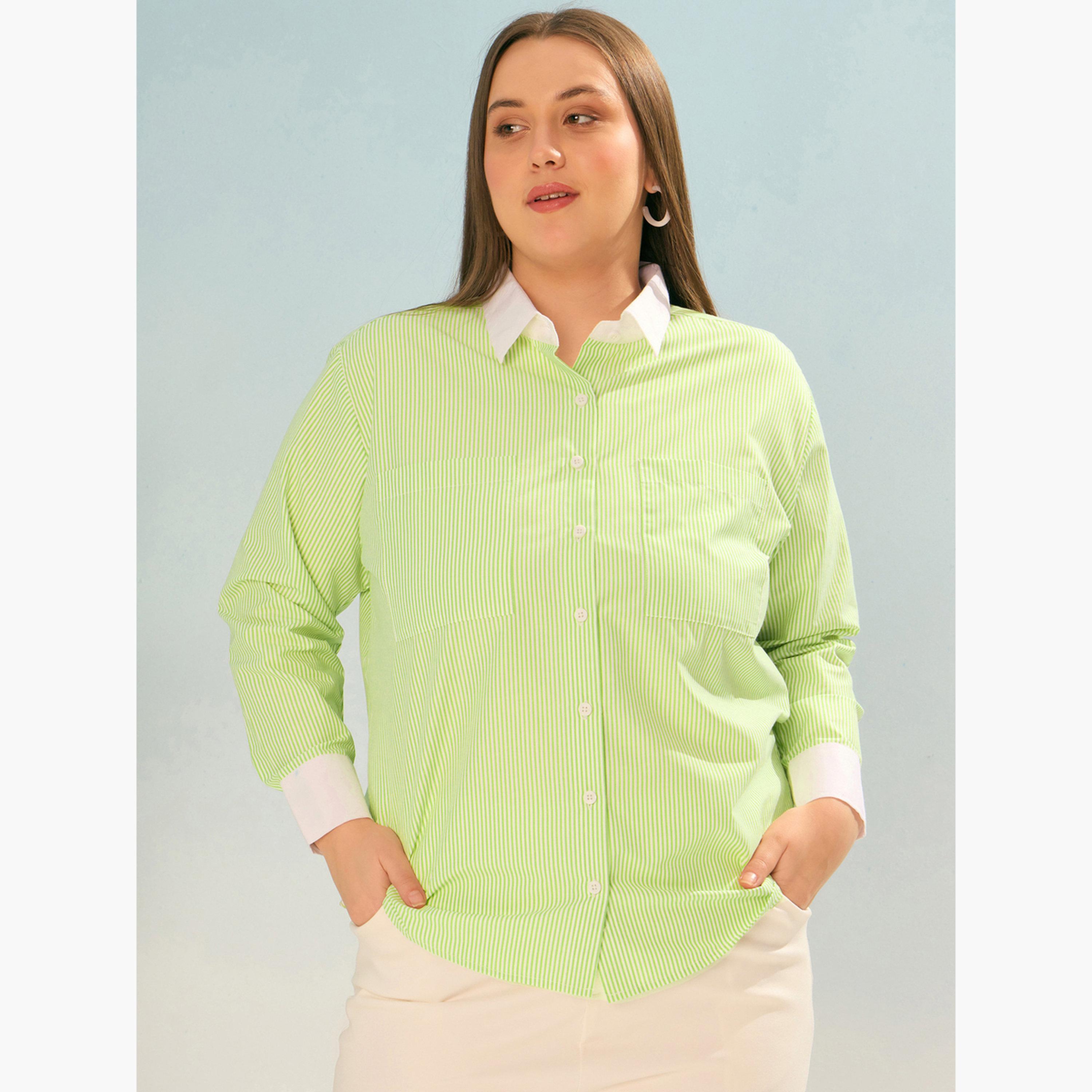 Sassafras Plus Size Green Striped Long Sleeve Shirt-women-clothing-shirtsandblouses-shirts-image-4