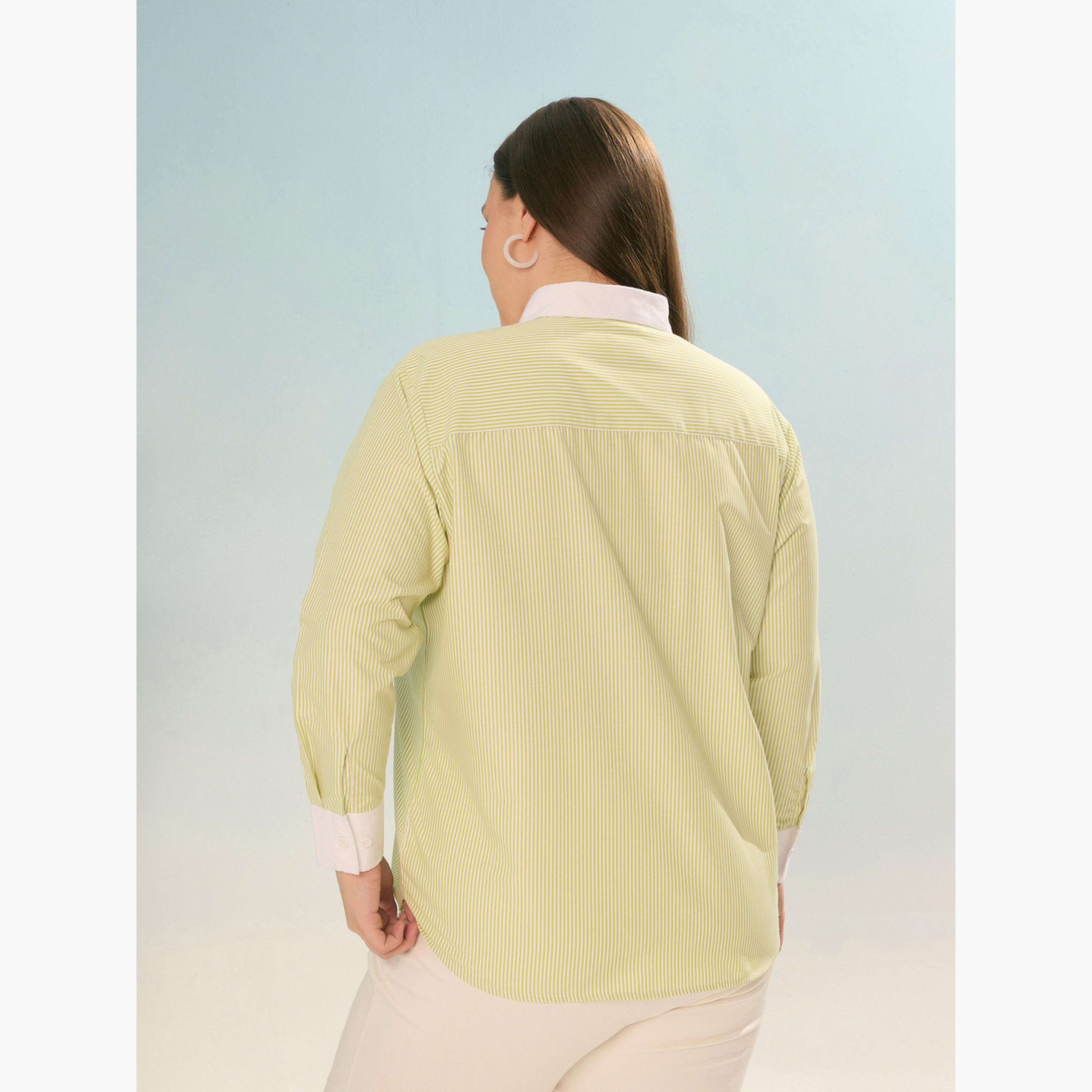 Sassafras Plus Size Green Striped Long Sleeve Shirt-women-clothing-shirtsandblouses-shirts-image-5