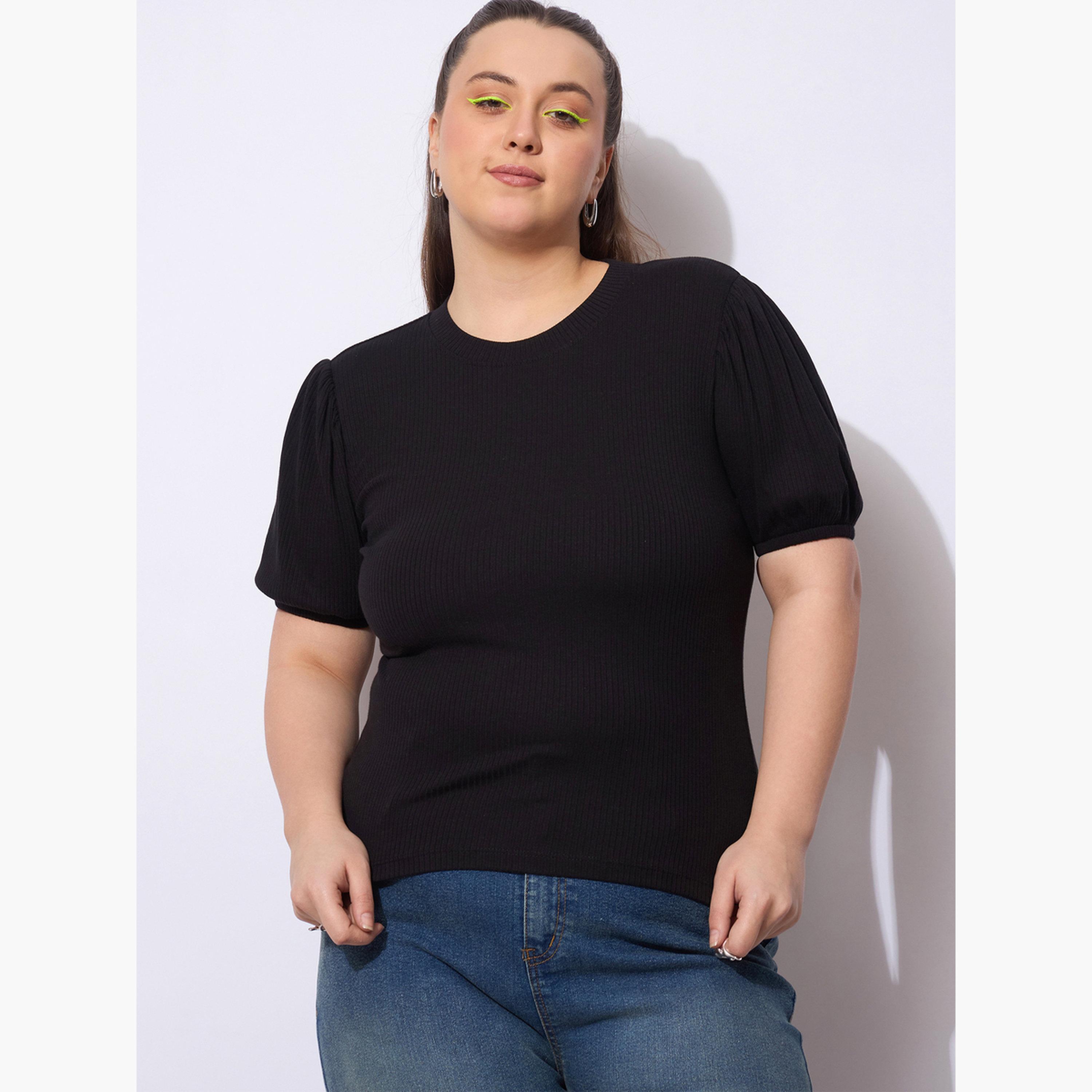ساسافراس - بلوزة سوداء مضلعة بمقاس واسع وأكمام منفوخة-women-clothing-plussize-shirtsandblouses-blouses-image-1