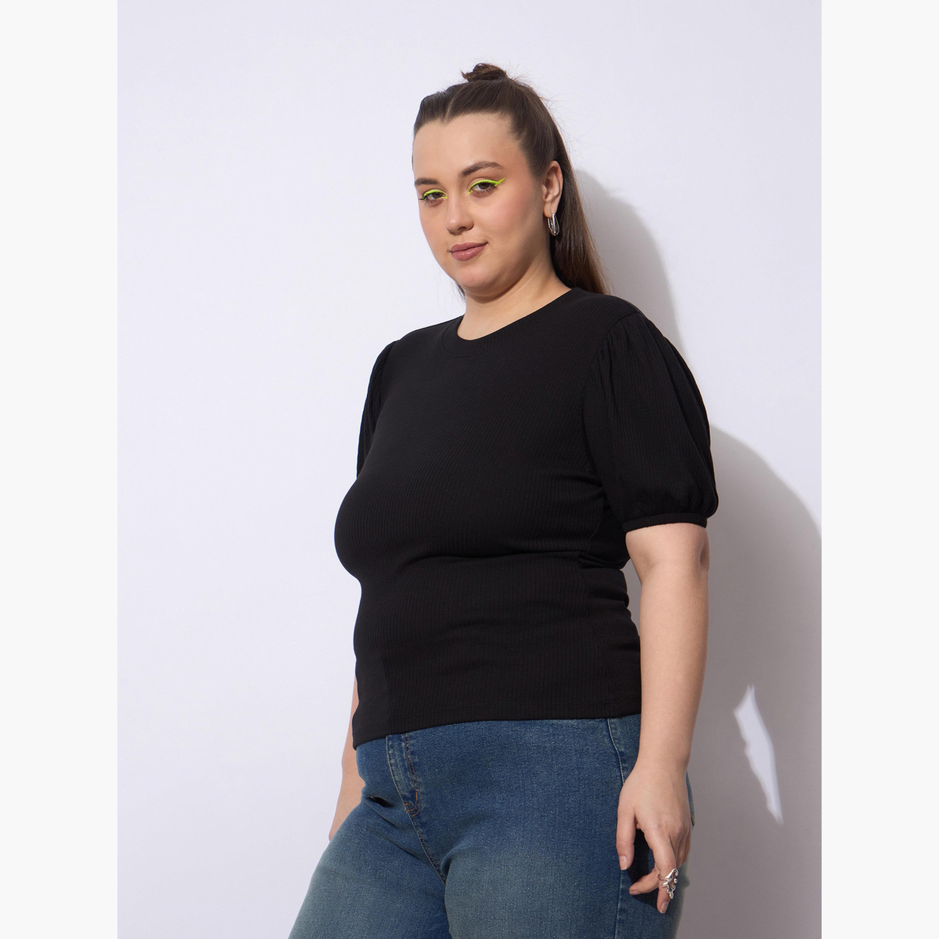 ساسافراس - بلوزة سوداء مضلعة بمقاس واسع وأكمام منفوخة-women-clothing-plussize-shirtsandblouses-blouses-image-3