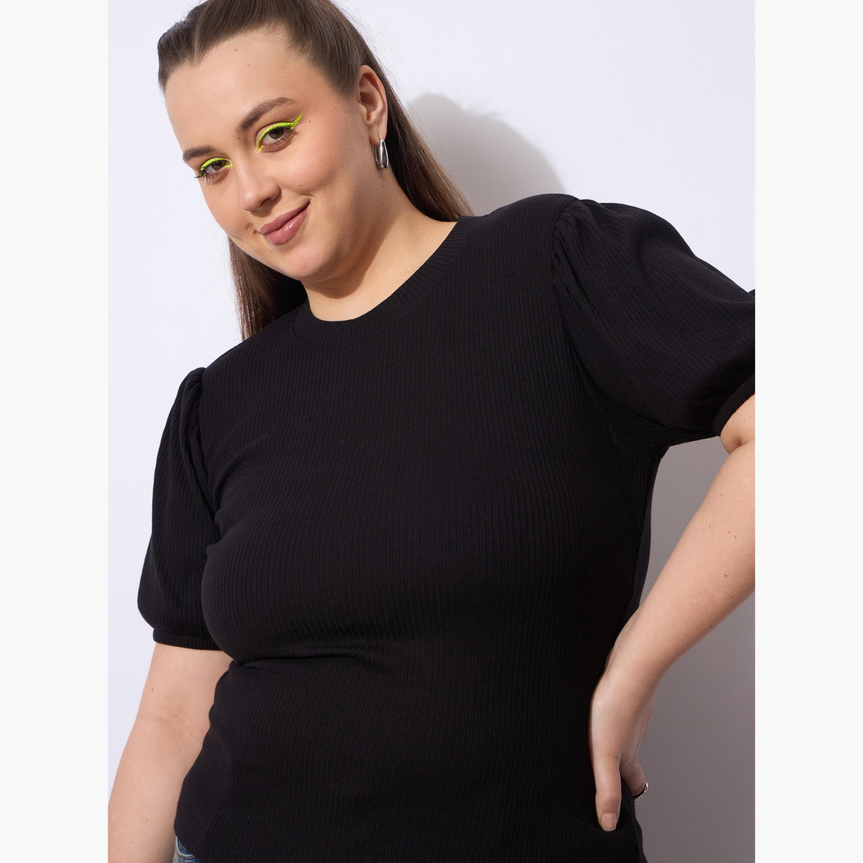 ساسافراس - بلوزة سوداء مضلعة بمقاس واسع وأكمام منفوخة-women-clothing-plussize-shirtsandblouses-blouses-image-4