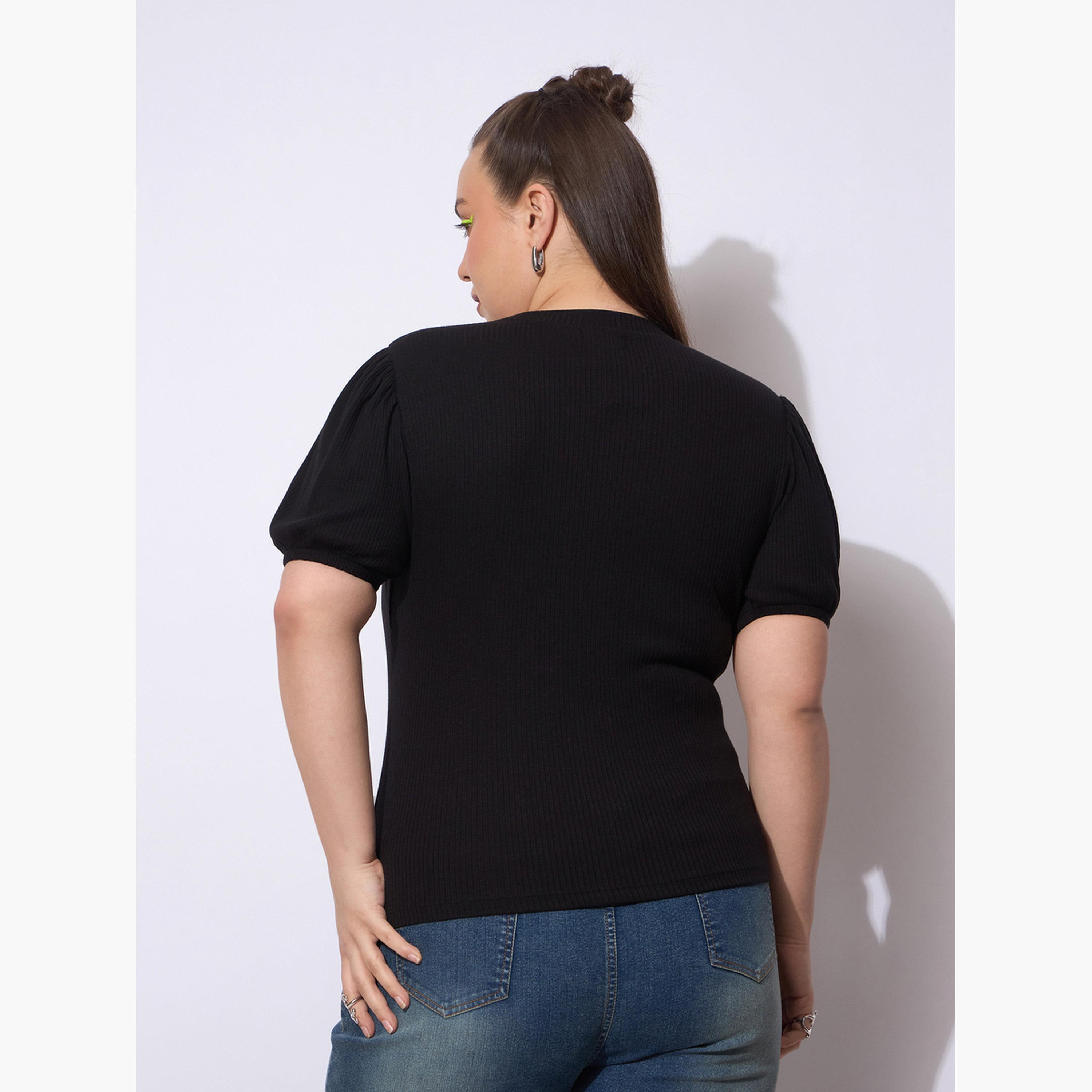 ساسافراس - بلوزة سوداء مضلعة بمقاس واسع وأكمام منفوخة-women-clothing-plussize-shirtsandblouses-blouses-image-5