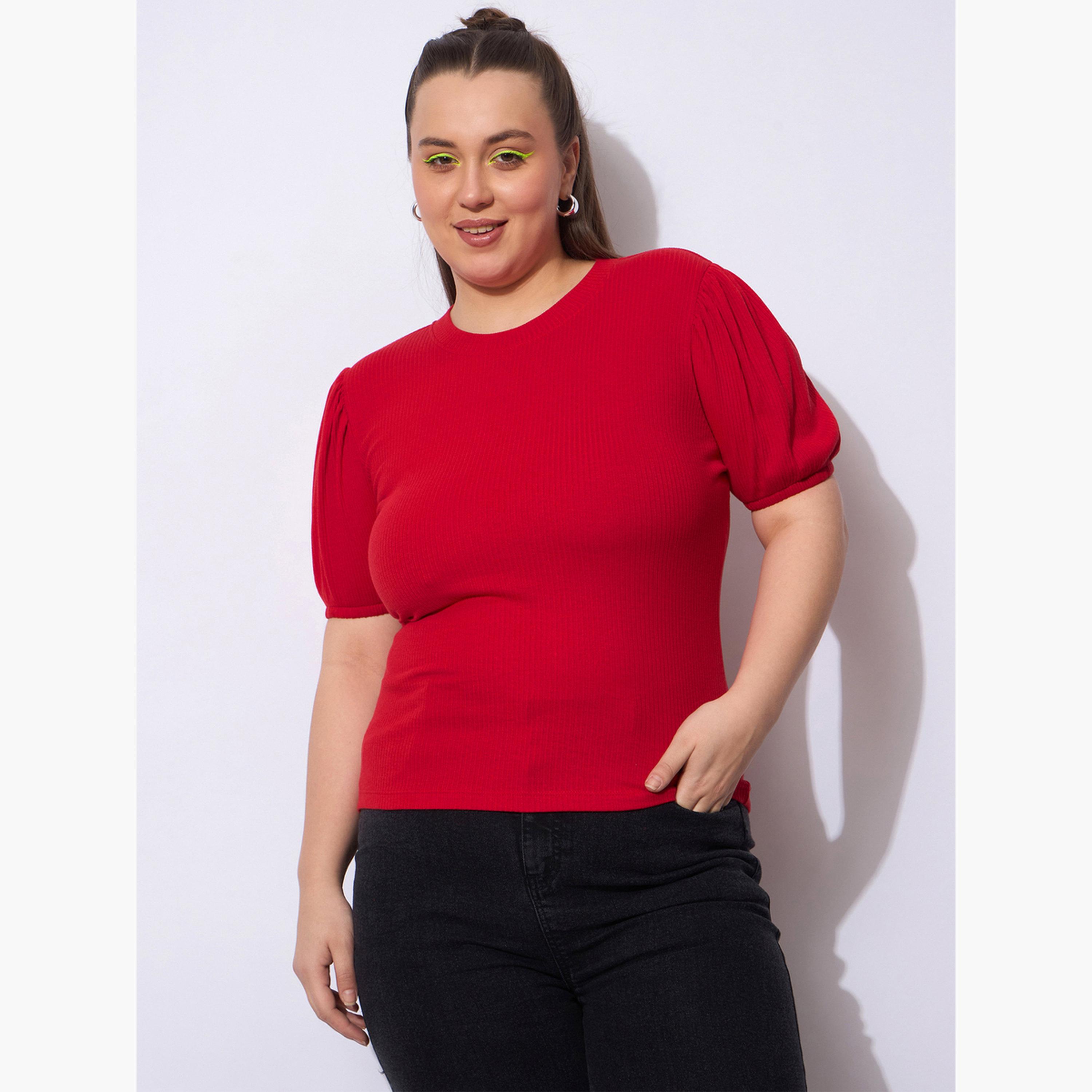 Sassafras Plus Size Red Ribbed Top with Puff Sleeves-women-clothing-shirtsandblouses-blouses-image-1