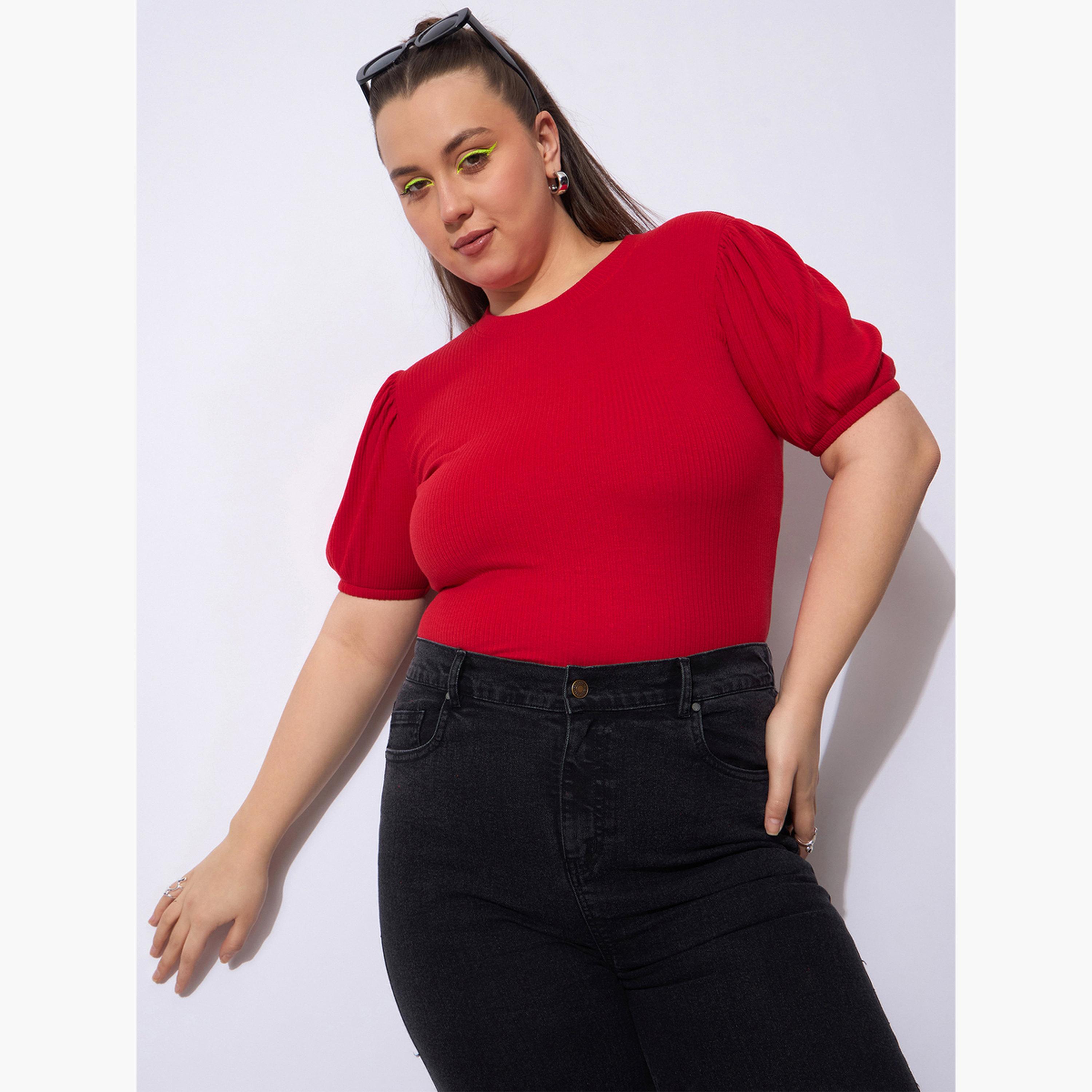 Sassafras Plus Size Red Ribbed Top with Puff Sleeves-women-clothing-shirtsandblouses-blouses-image-2