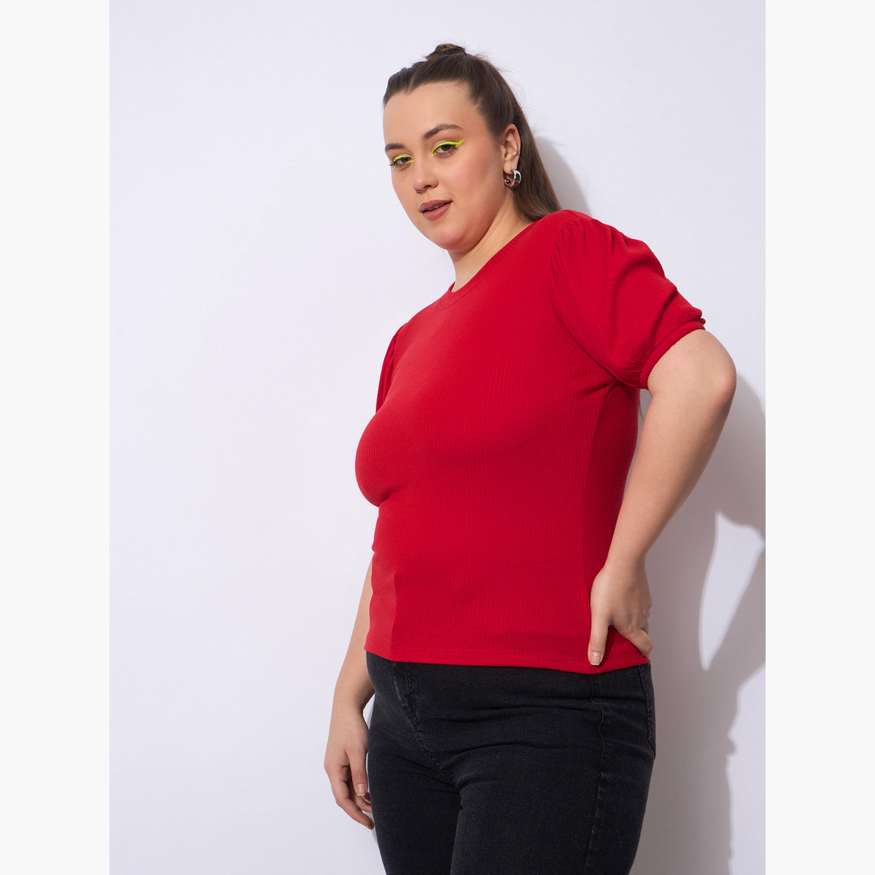 Sassafras Plus Size Red Ribbed Top with Puff Sleeves-women-clothing-shirtsandblouses-blouses-image-3