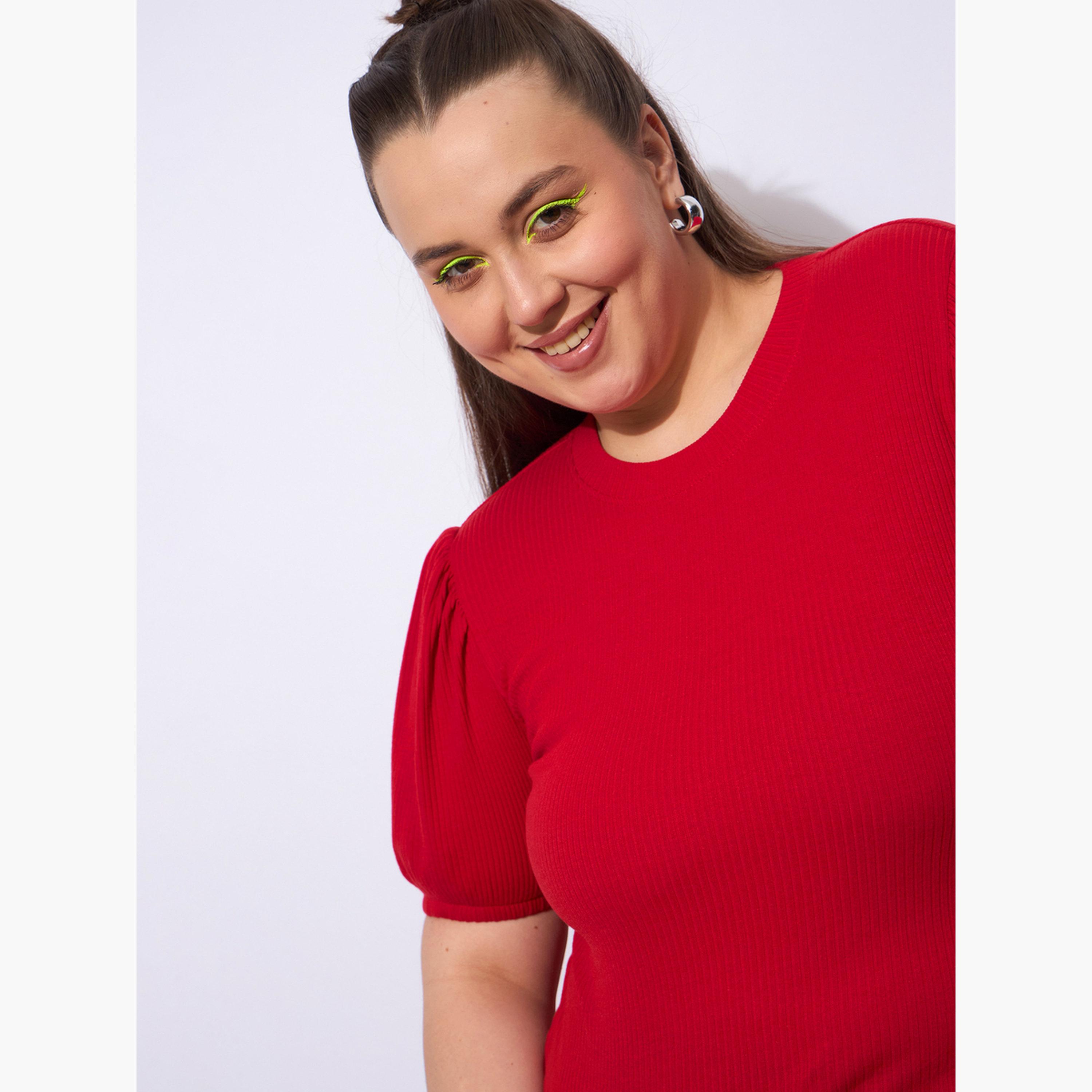 Sassafras Plus Size Red Ribbed Top with Puff Sleeves-women-clothing-shirtsandblouses-blouses-image-4