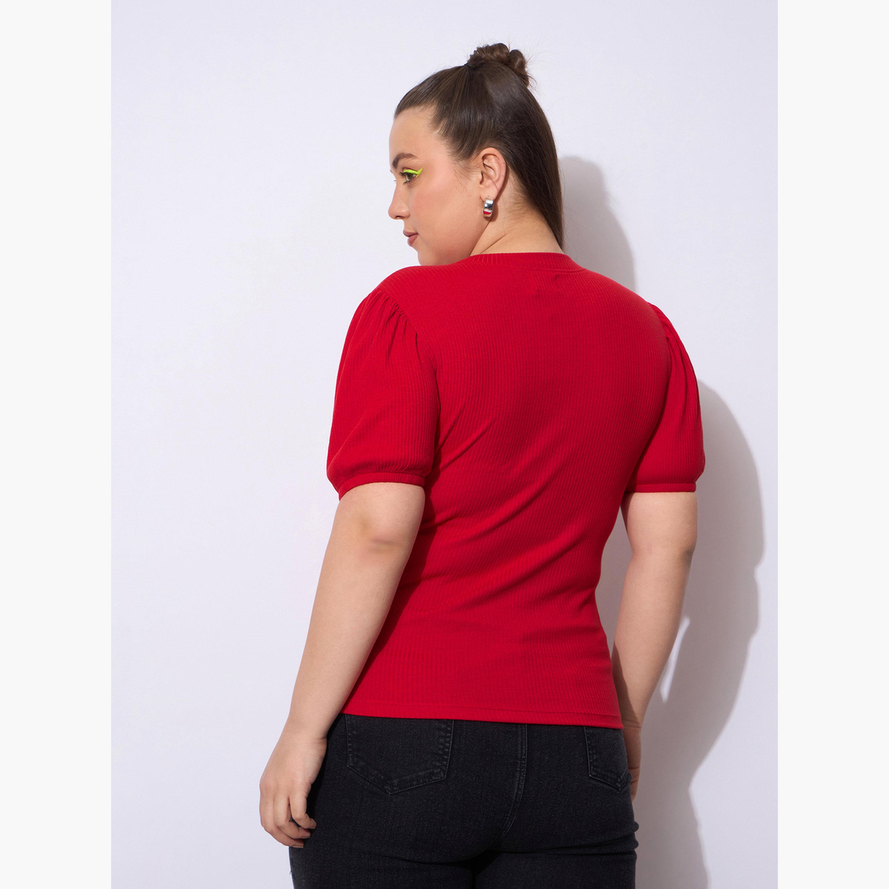 Sassafras Plus Size Red Ribbed Top with Puff Sleeves-women-clothing-shirtsandblouses-blouses-image-5