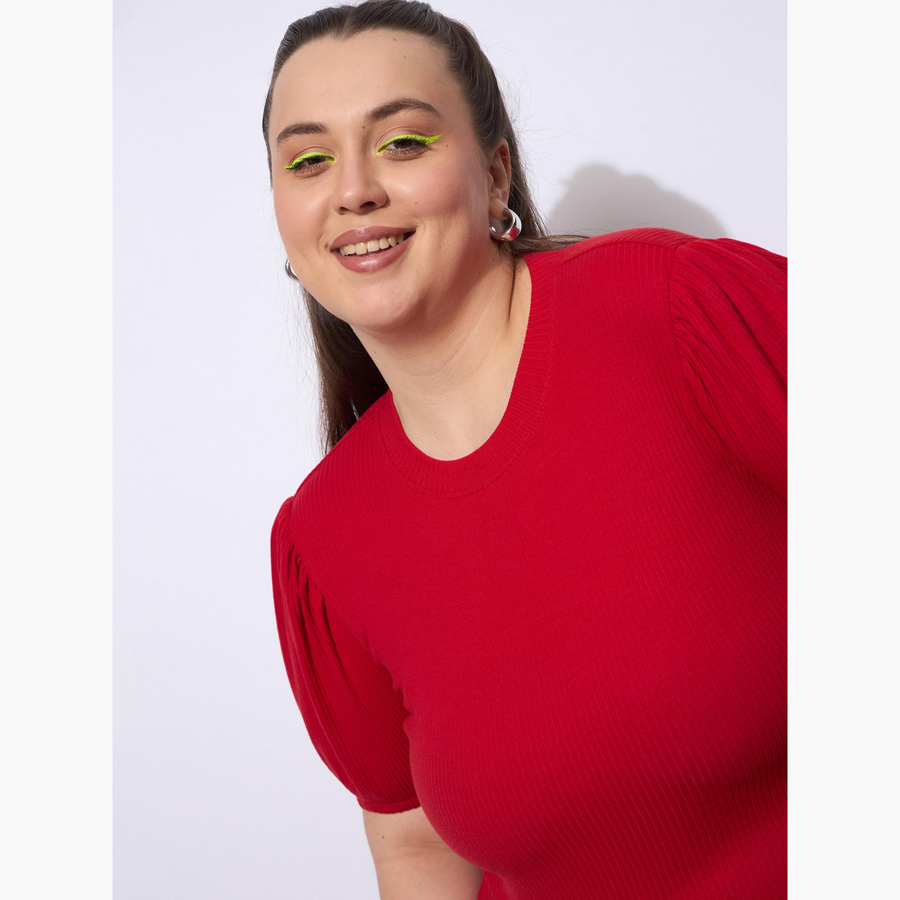 Sassafras Plus Size Red Ribbed Top with Puff Sleeves-women-clothing-shirtsandblouses-blouses-image-6