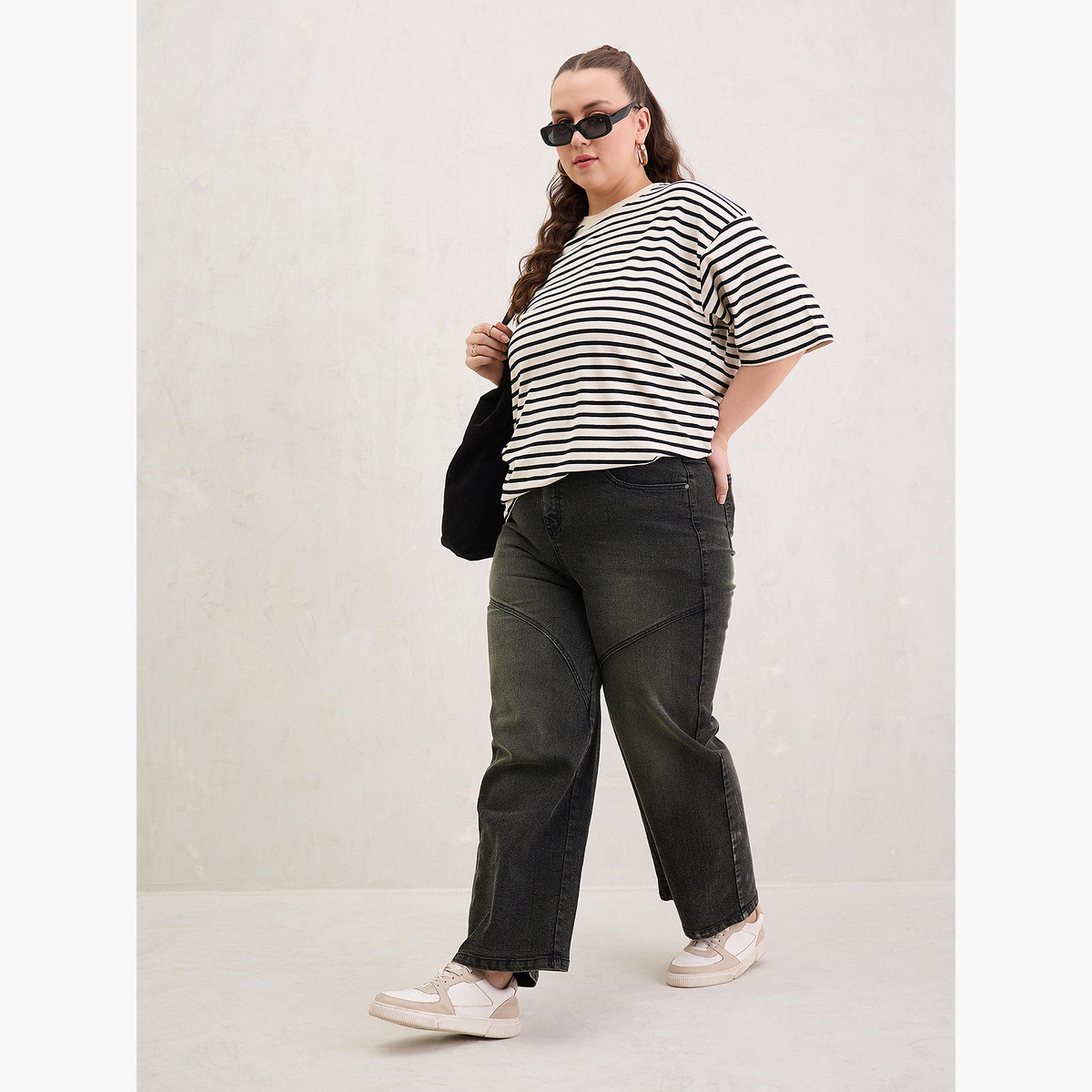 ساسافراس - تي شيرت مخطط أسود مقاس واسع-women-clothing-tshirts-image-2