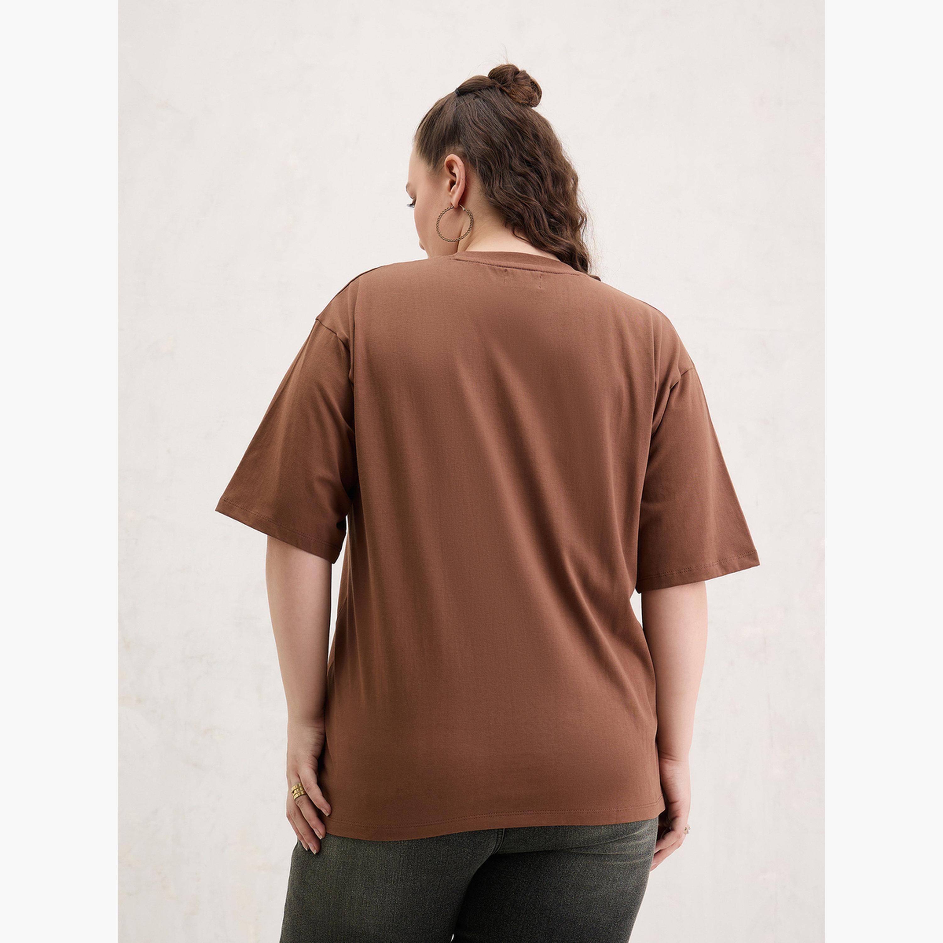 ساسافراس - تي شيرت فلوريدا بني برسومات مقاس واسع-women-clothing-tshirts-image-5