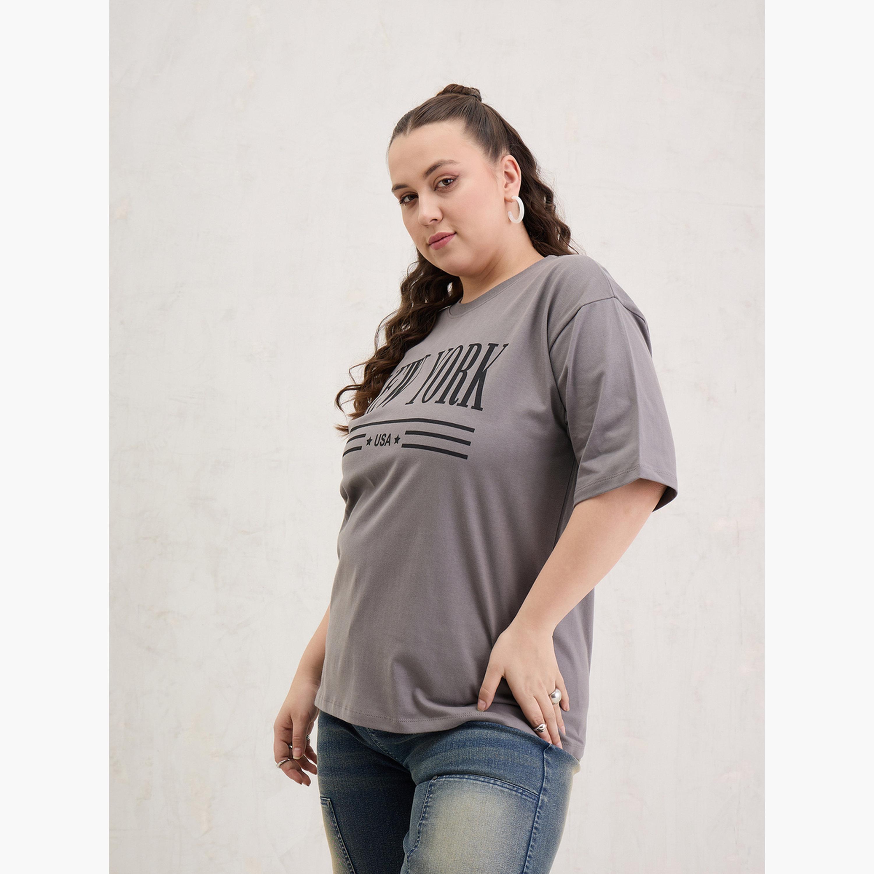 ساسافراس - تي شيرت رمادي برسومات نيويورك مقاس واسع-women-clothing-tshirts-image-3