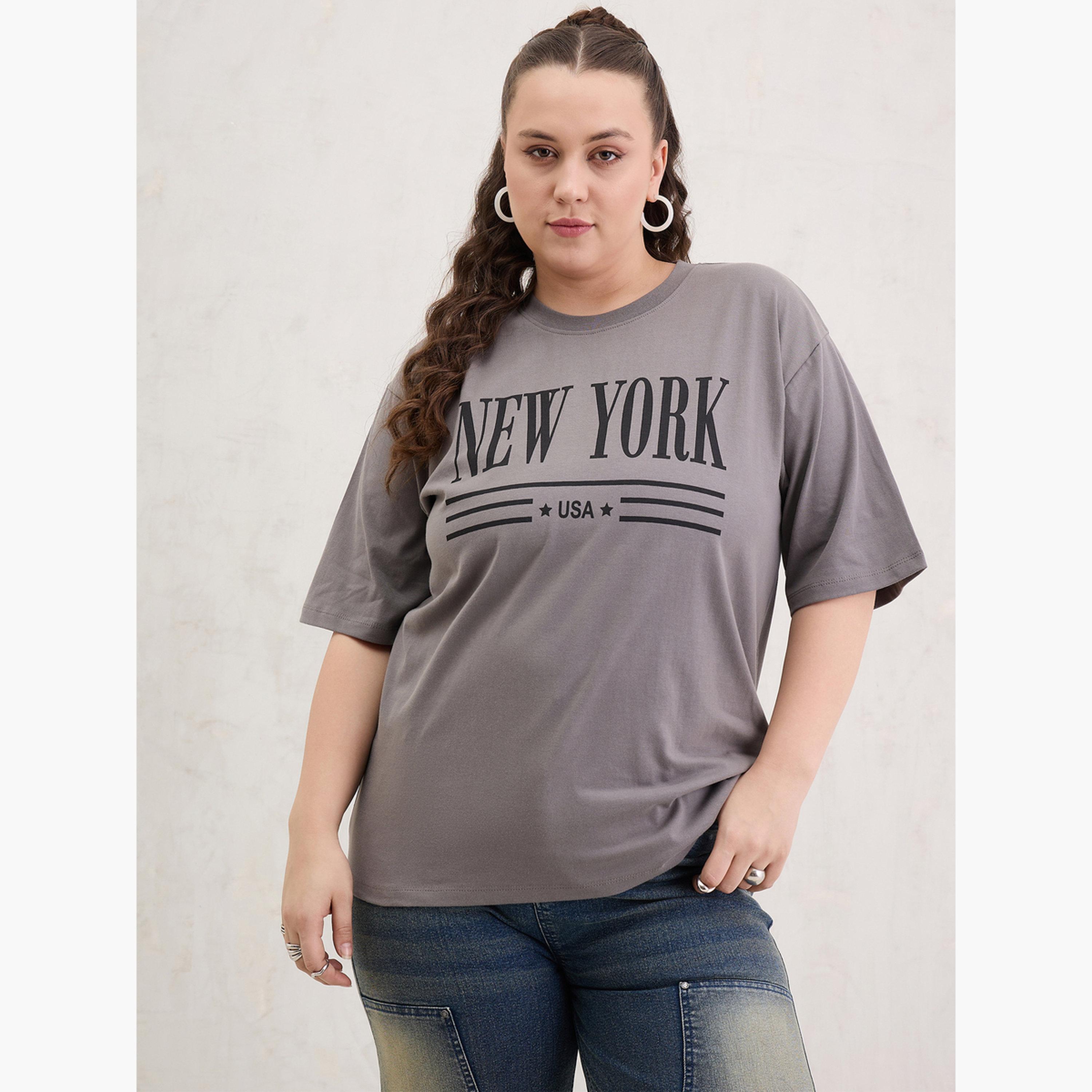 ساسافراس - تي شيرت رمادي برسومات نيويورك مقاس واسع-women-clothing-tshirts-image-4