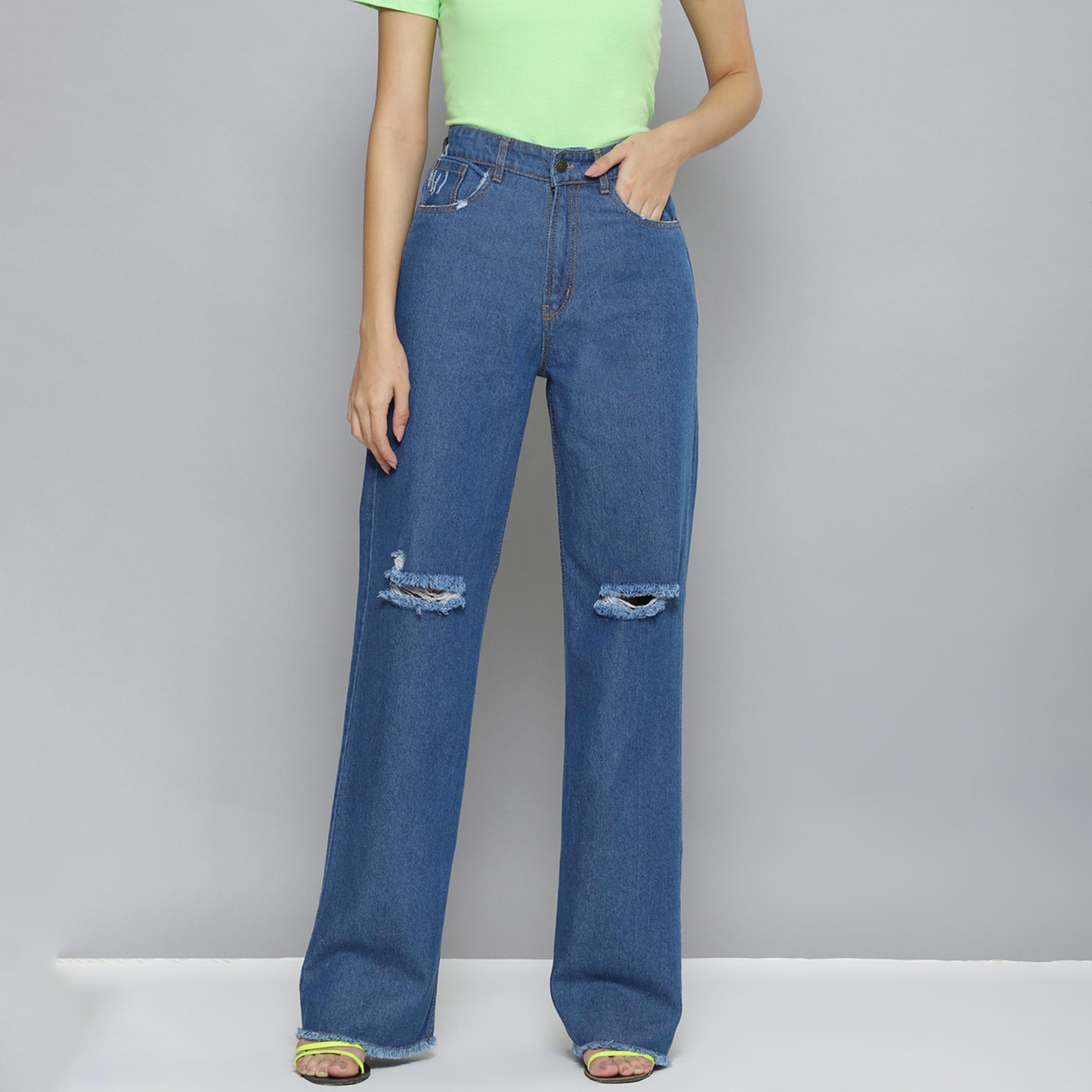 ساسافراس - بنطال جينز نسائي أزرق بخصر عالٍ وساق واسعة مع ركبة ممزقة-women-clothing-bottoms-jeans-image-1