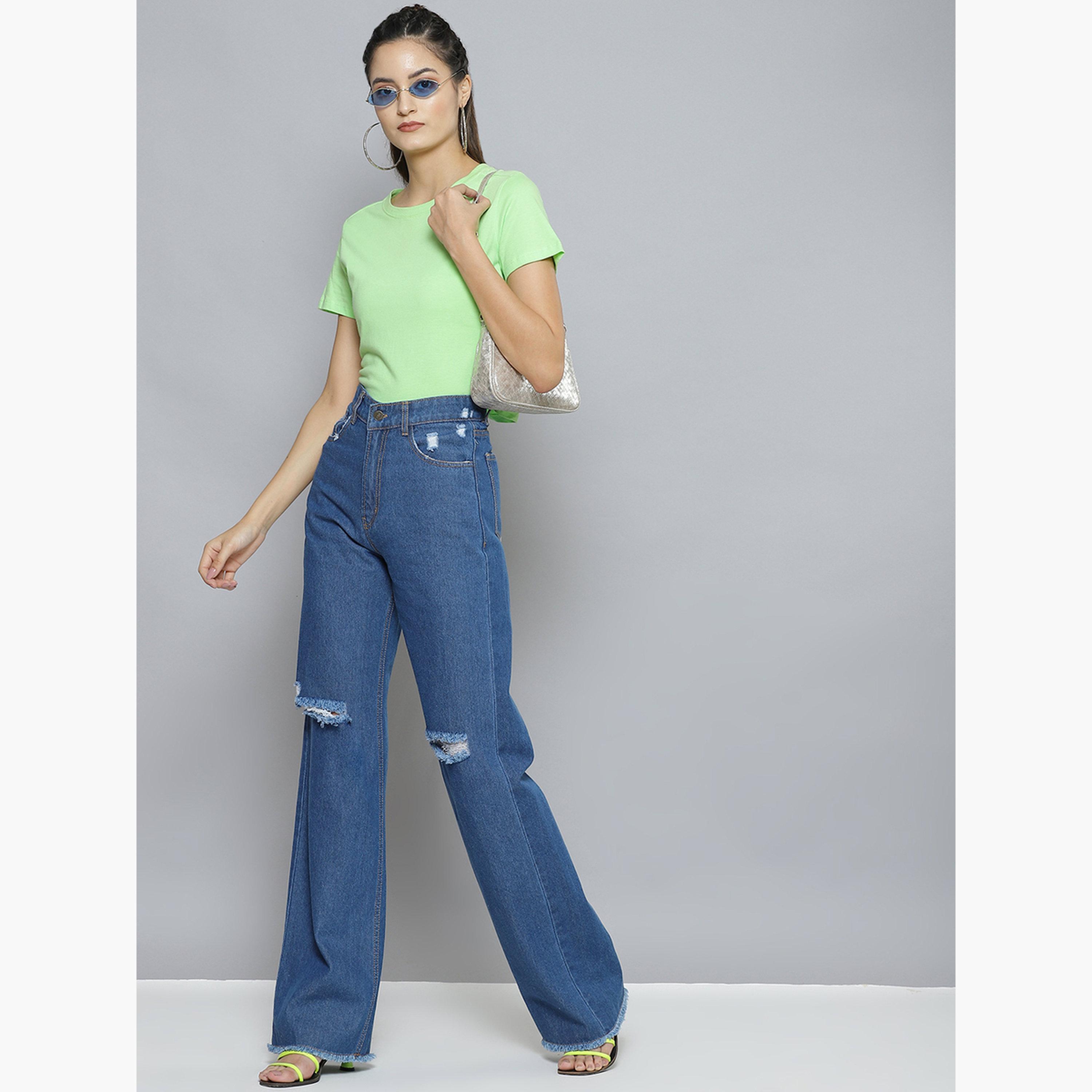 ساسافراس - بنطال جينز نسائي أزرق بخصر عالٍ وساق واسعة مع ركبة ممزقة-women-clothing-bottoms-jeans-image-2