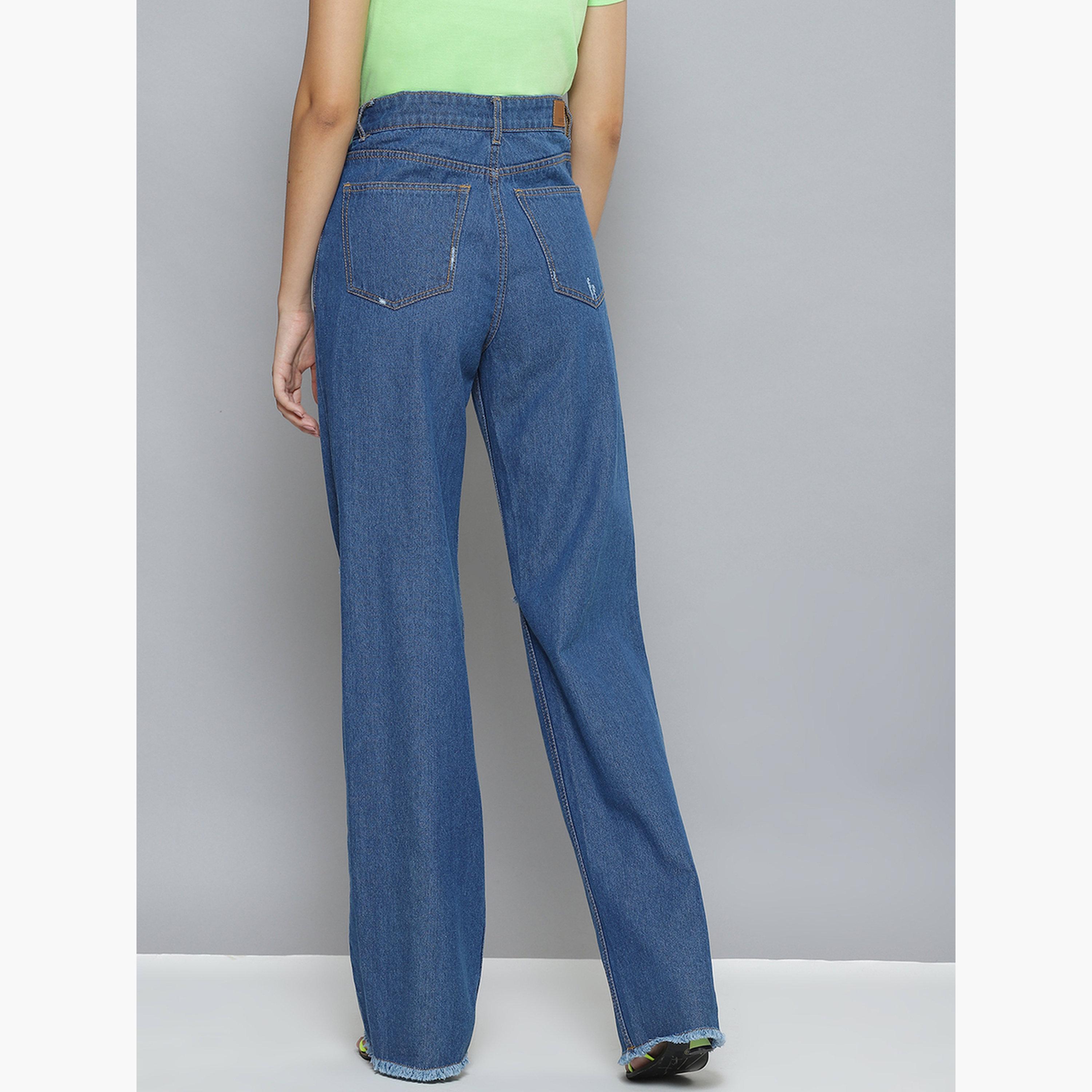 ساسافراس - بنطال جينز نسائي أزرق بخصر عالٍ وساق واسعة مع ركبة ممزقة-women-clothing-bottoms-jeans-image-3
