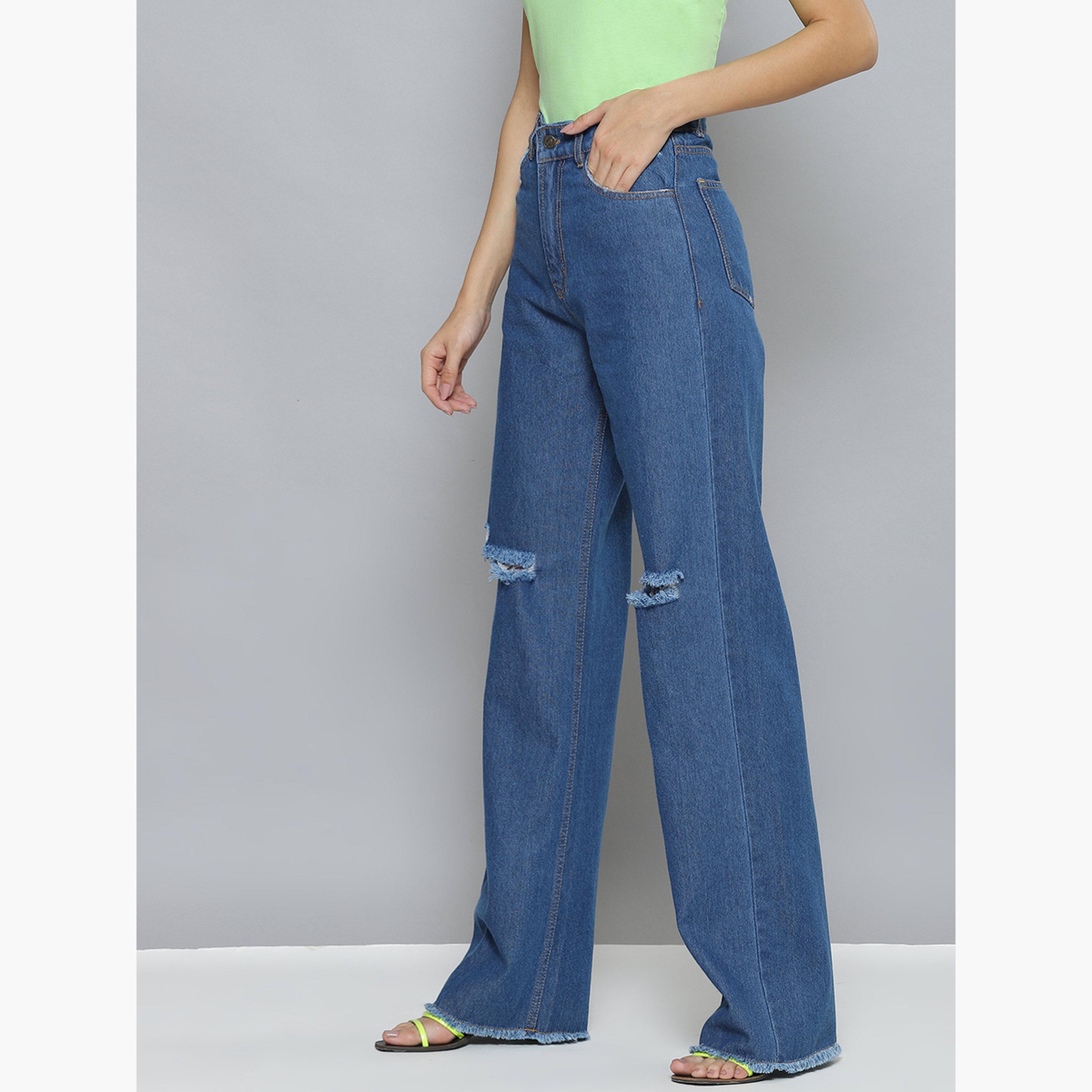 ساسافراس - بنطال جينز نسائي أزرق بخصر عالٍ وساق واسعة مع ركبة ممزقة-women-clothing-bottoms-jeans-image-4