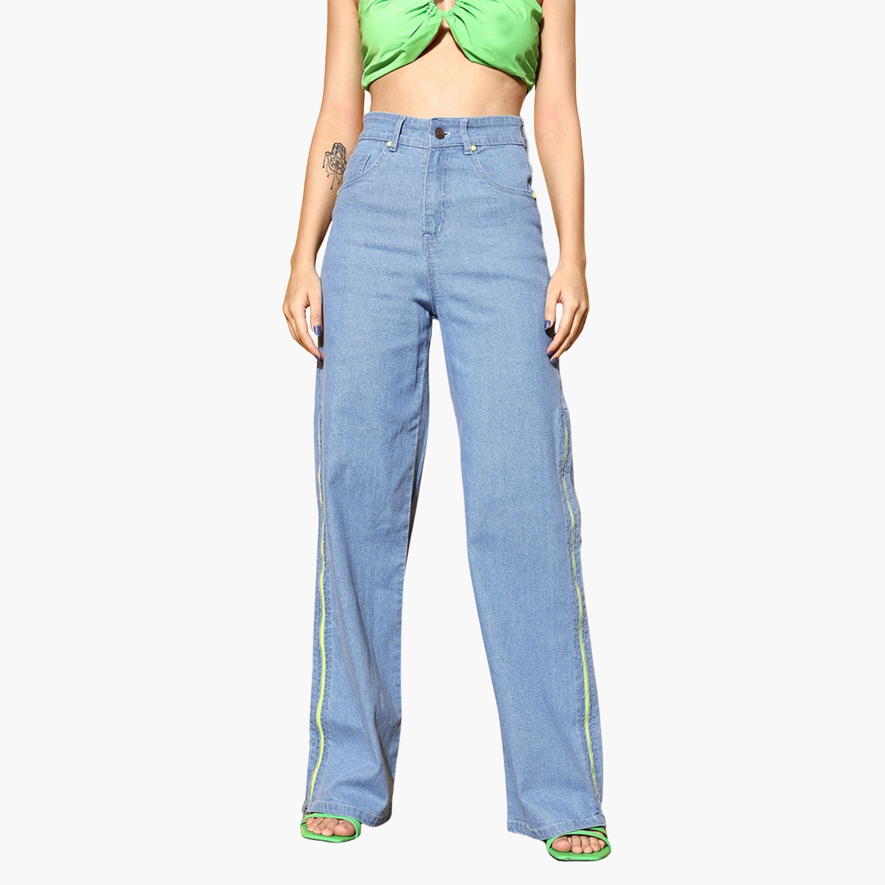 ساسافراس - بنطال جينز نسائي أزرق مستقيم بخصر مرتفع وسحاب جانبي-women-clothing-bottoms-jeans-image-1