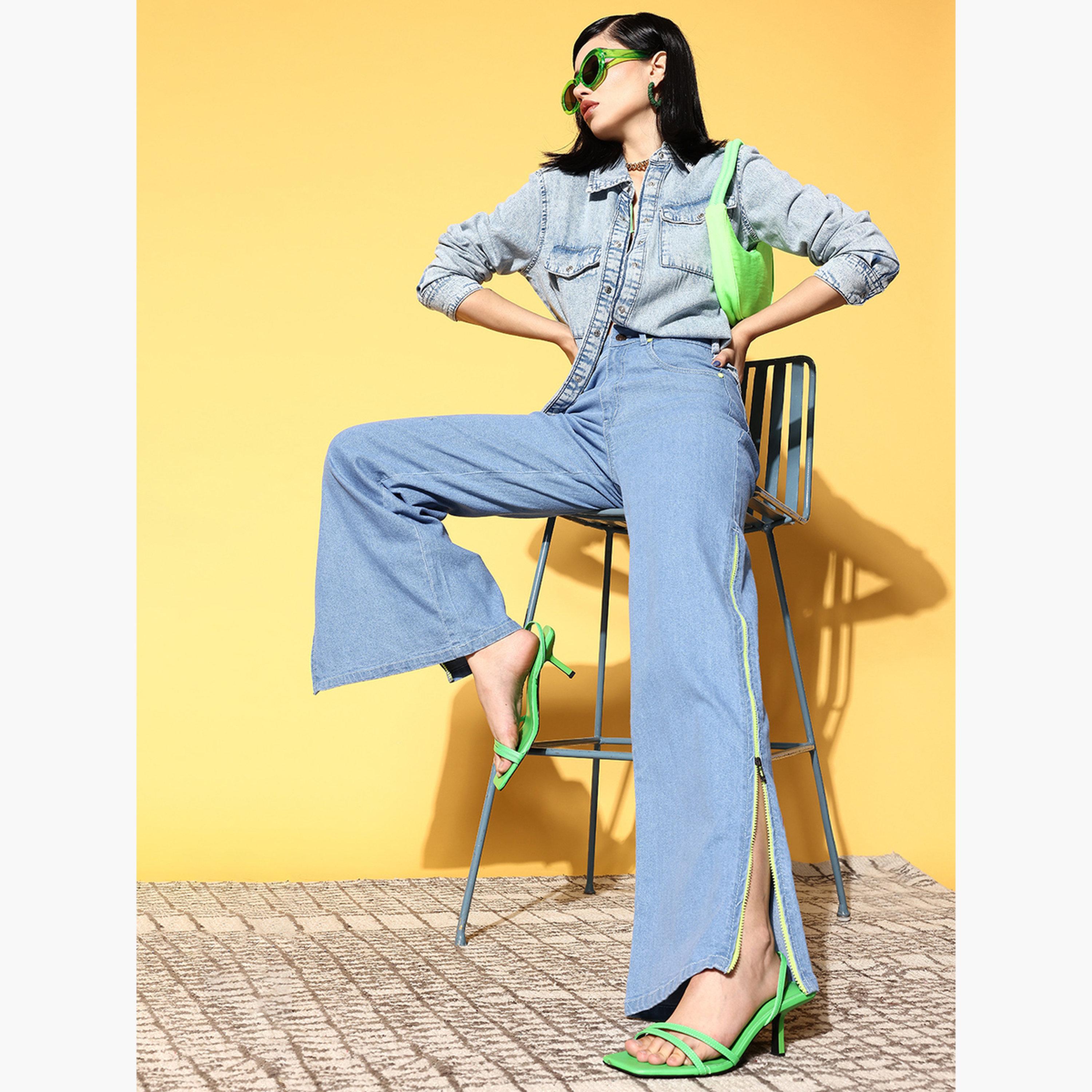 ساسافراس - بنطال جينز نسائي أزرق مستقيم بخصر مرتفع وسحاب جانبي-women-clothing-bottoms-jeans-image-2