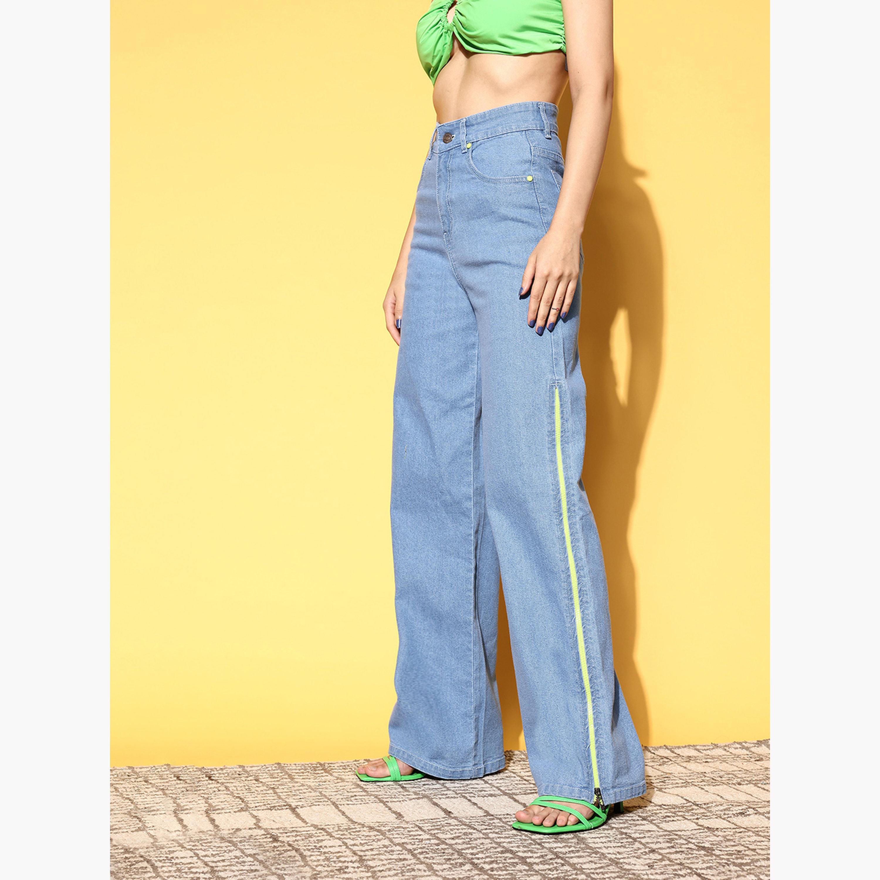 ساسافراس - بنطال جينز نسائي أزرق مستقيم بخصر مرتفع وسحاب جانبي-women-clothing-bottoms-jeans-image-3