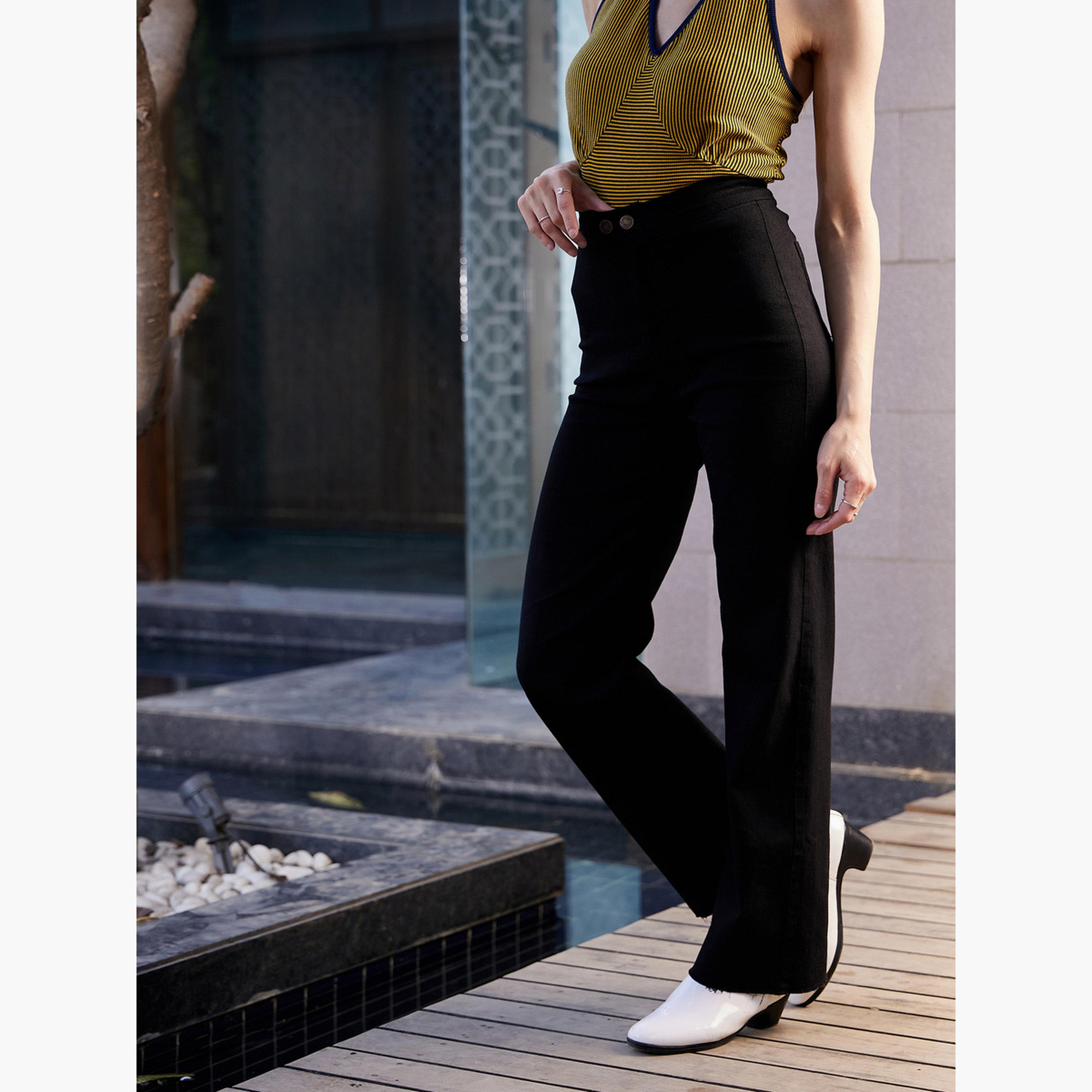 ساسافراس - بنطال جينز مستقيم أسود اللون للنساء بخصر مرتفع وأزرار مزدوجة-women-clothing-bottoms-jeans-image-5