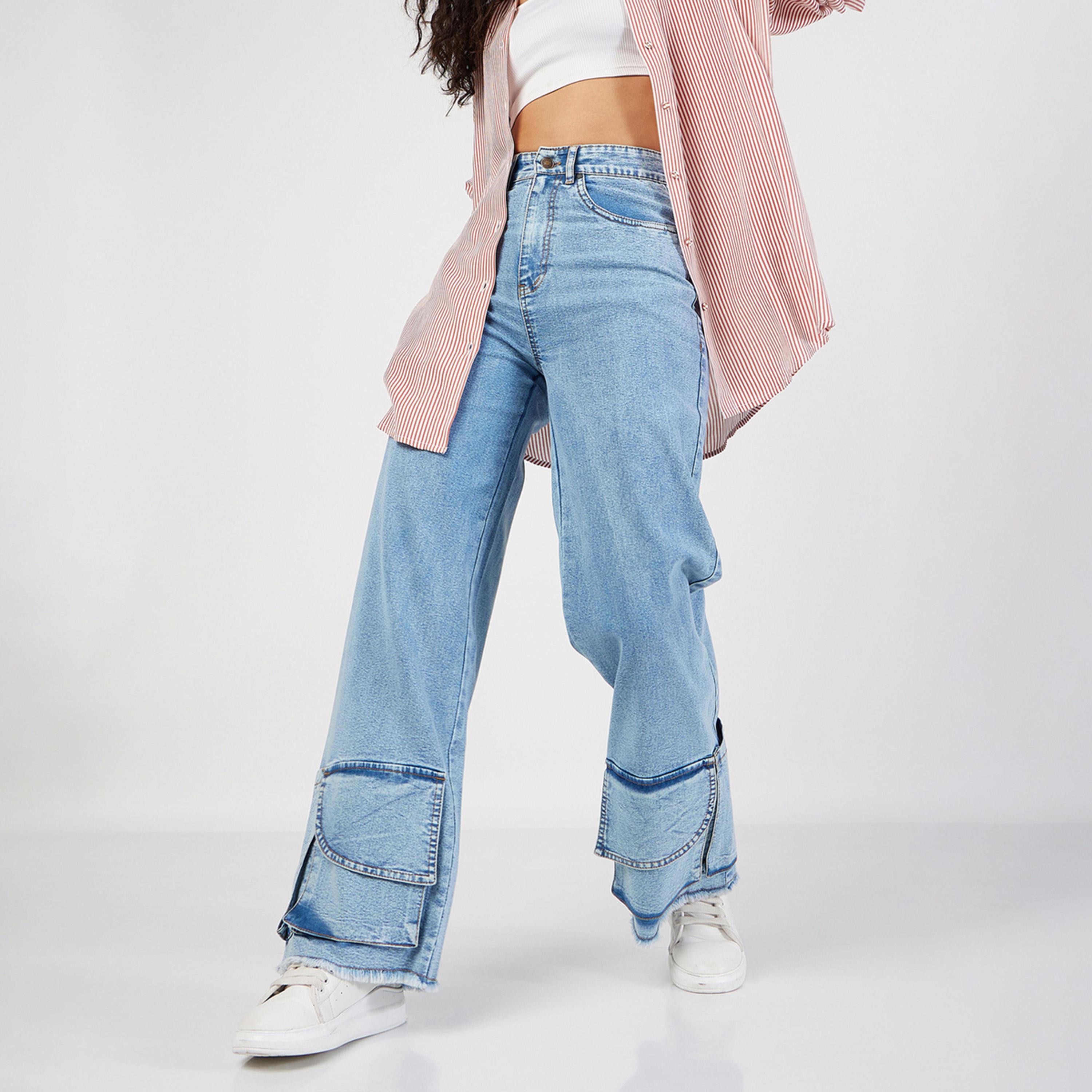 ساسافراس - بنطال جينز مستقيم للنساء من Bue بخصر مرتفع وتفاصيل جيب-women-clothing-bottoms-jeans-image-1