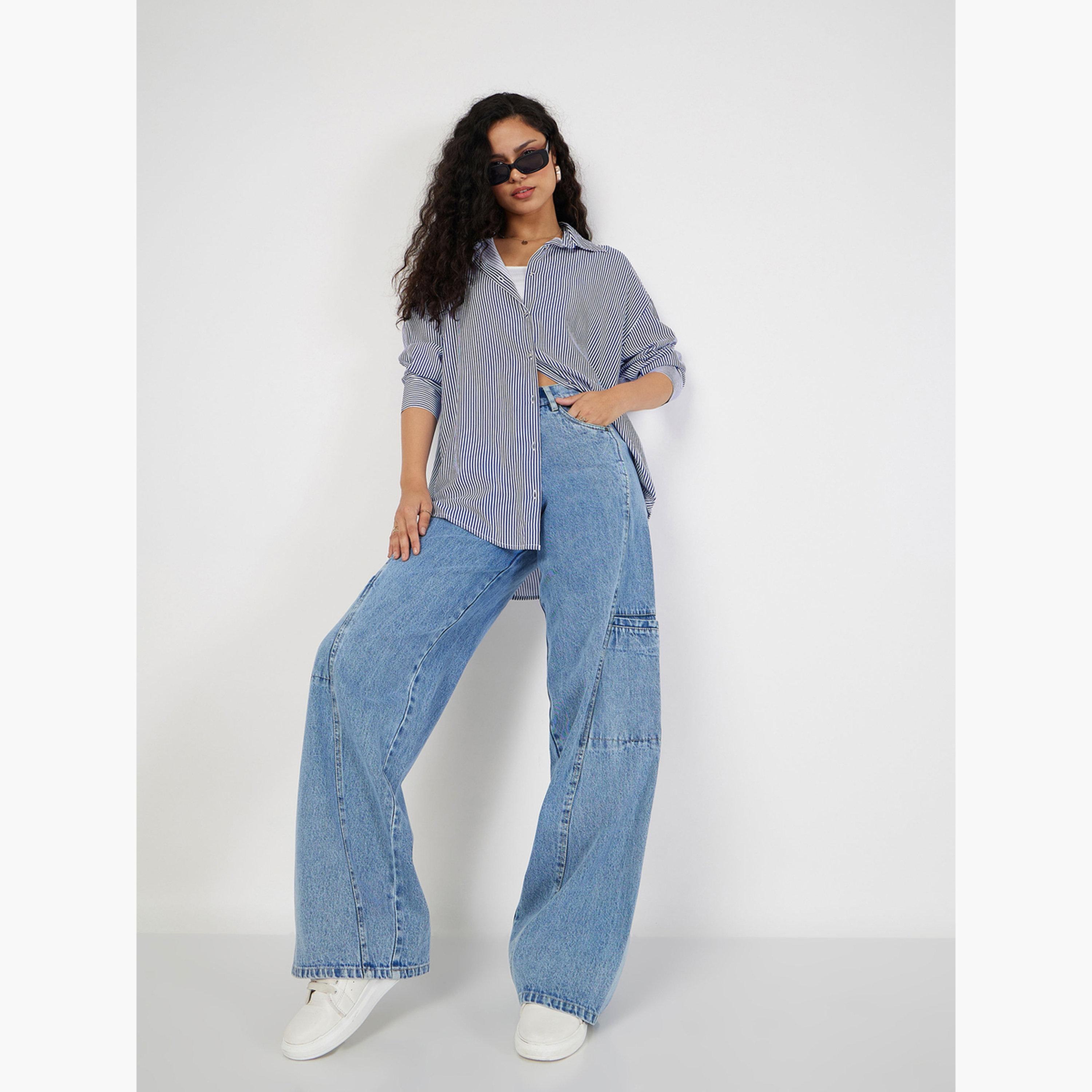 ساسافراس - بنطال جينز نسائي أزرق بخصر عالٍ وساق واسعة-women-clothing-bottoms-jeans-image-2