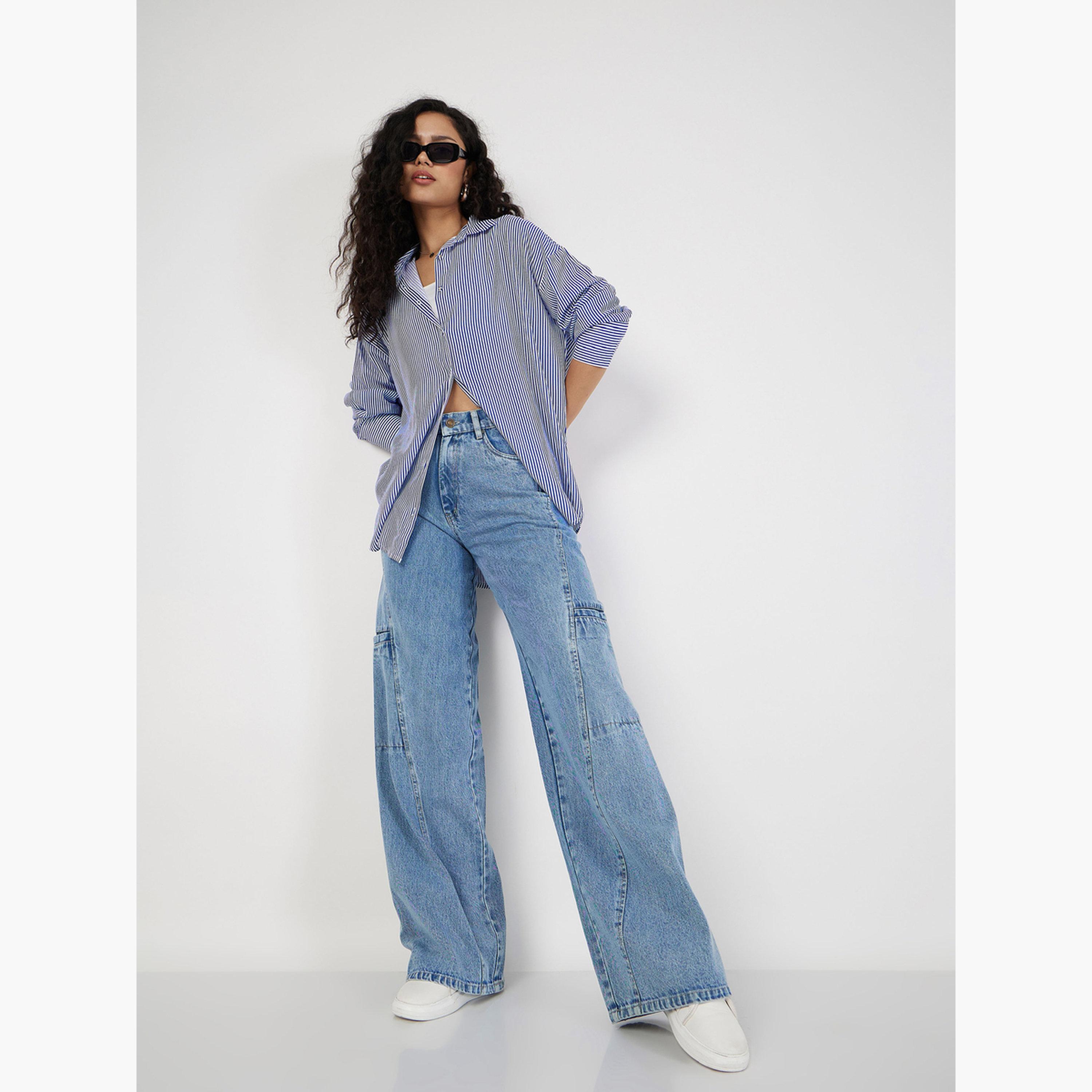 ساسافراس - بنطال جينز نسائي أزرق بخصر عالٍ وساق واسعة-women-clothing-bottoms-jeans-image-6
