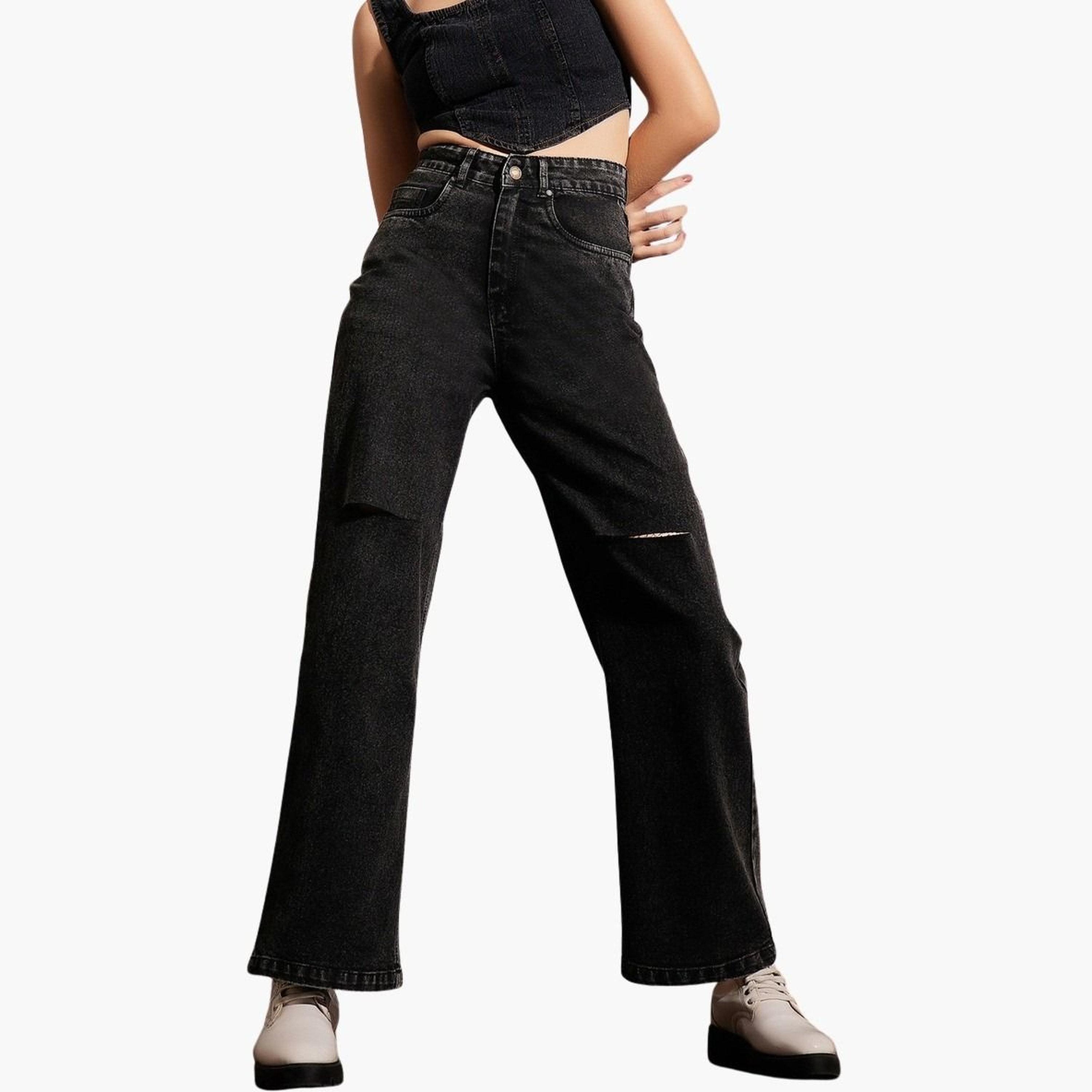 ساسافراس - بنطال جينز مستقيم مغسول باللون الأسود بخصر مرتفع وشق عند الركبة للنساء-women-clothing-bottoms-jeans-image-1