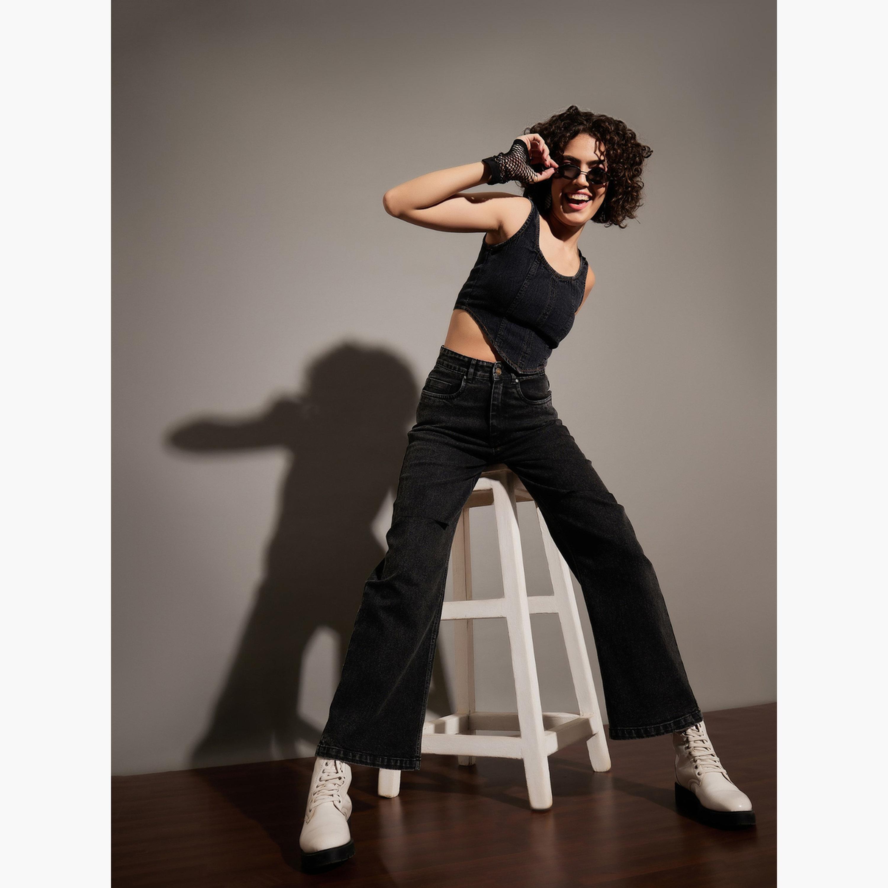 ساسافراس - بنطال جينز مستقيم مغسول باللون الأسود بخصر مرتفع وشق عند الركبة للنساء-women-clothing-bottoms-jeans-image-2