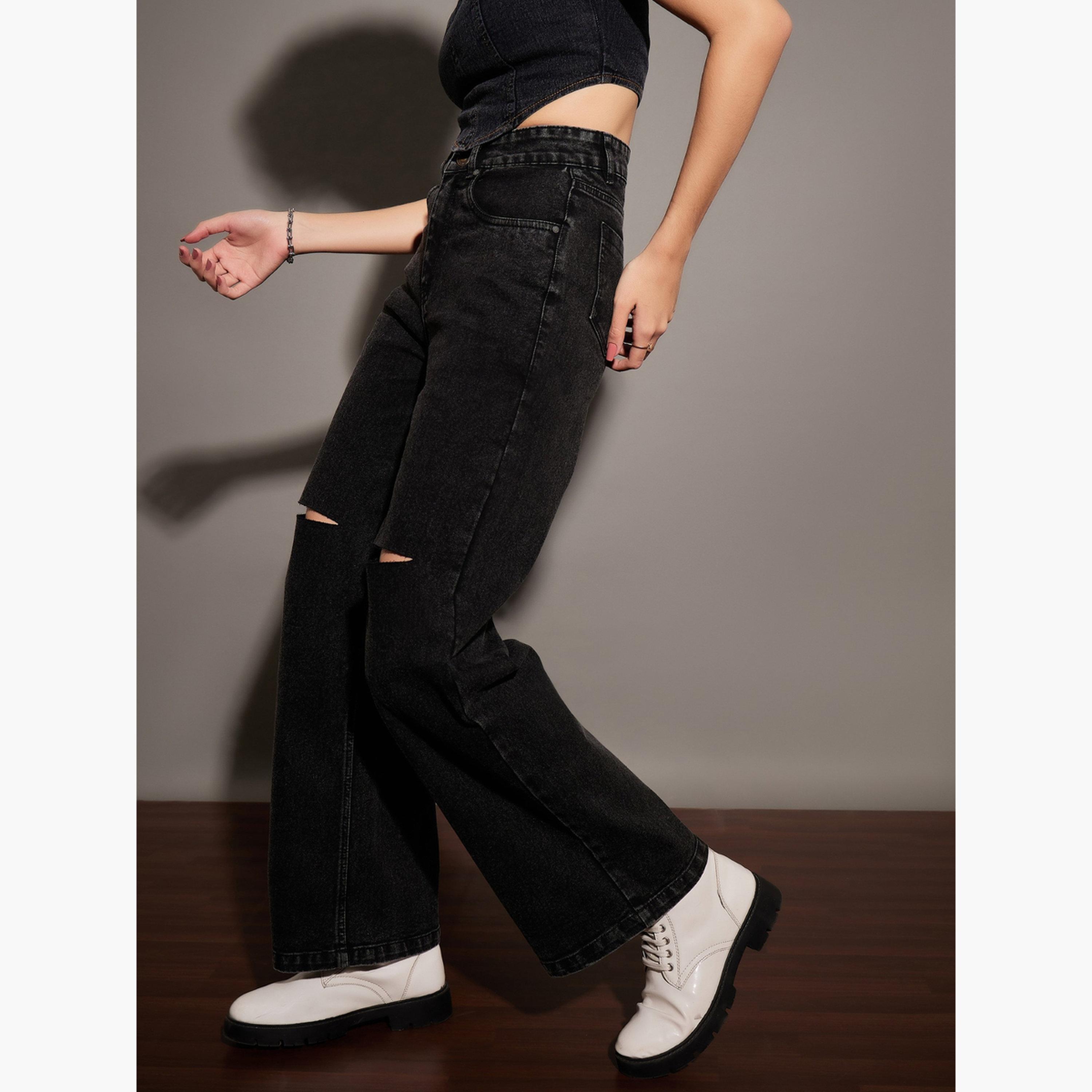 ساسافراس - بنطال جينز مستقيم مغسول باللون الأسود بخصر مرتفع وشق عند الركبة للنساء-women-clothing-bottoms-jeans-image-3