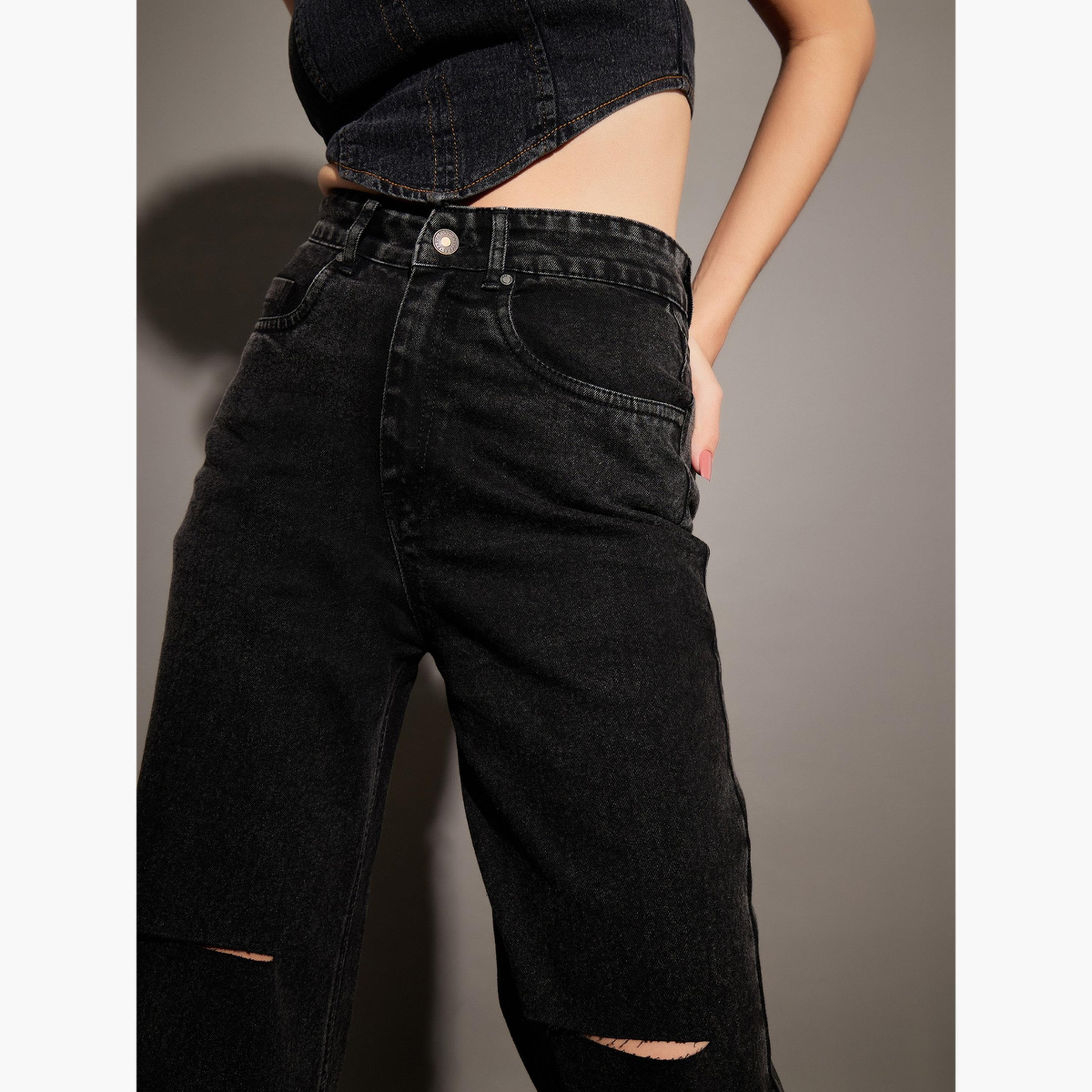 ساسافراس - بنطال جينز مستقيم مغسول باللون الأسود بخصر مرتفع وشق عند الركبة للنساء-women-clothing-bottoms-jeans-image-4