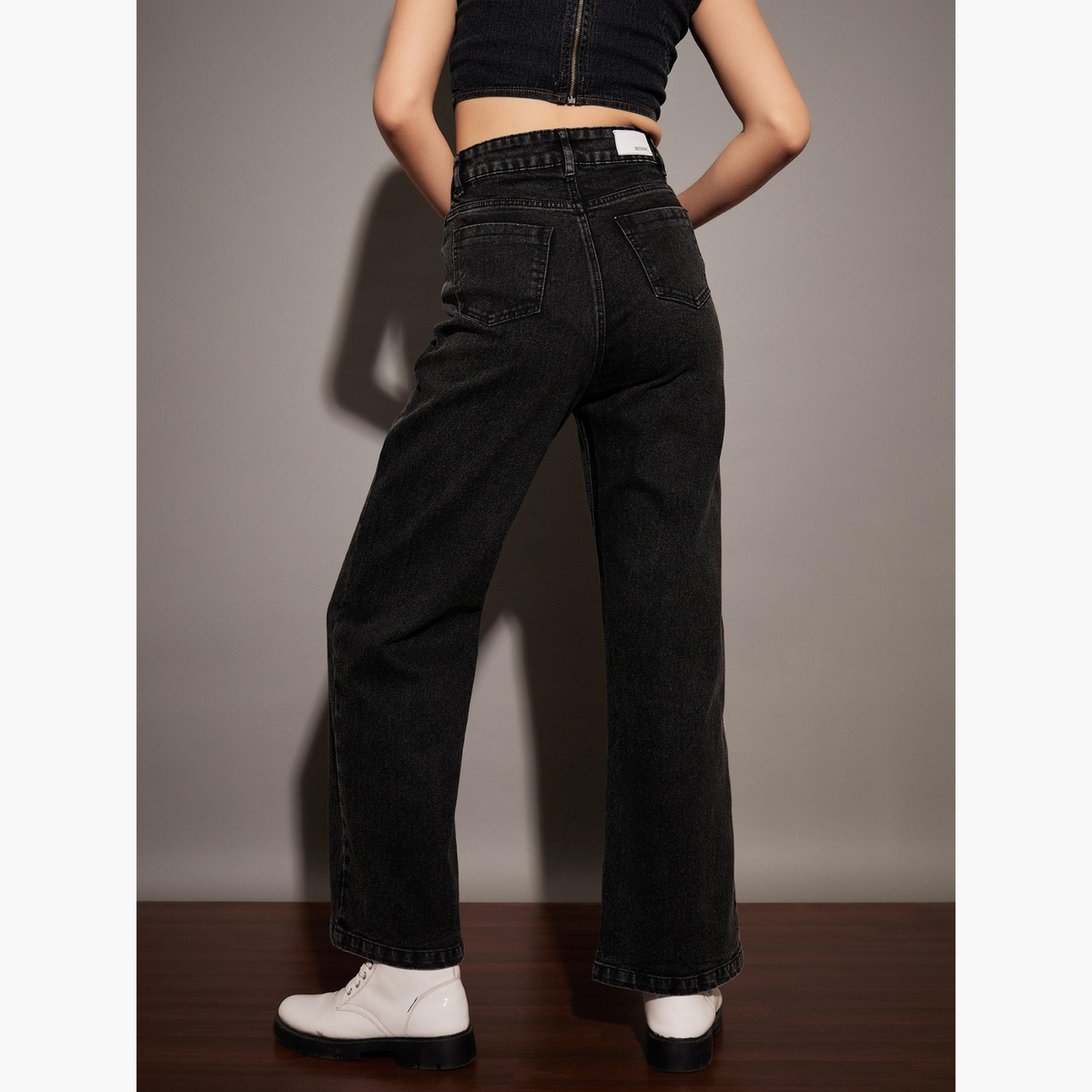 ساسافراس - بنطال جينز مستقيم مغسول باللون الأسود بخصر مرتفع وشق عند الركبة للنساء-women-clothing-bottoms-jeans-image-5