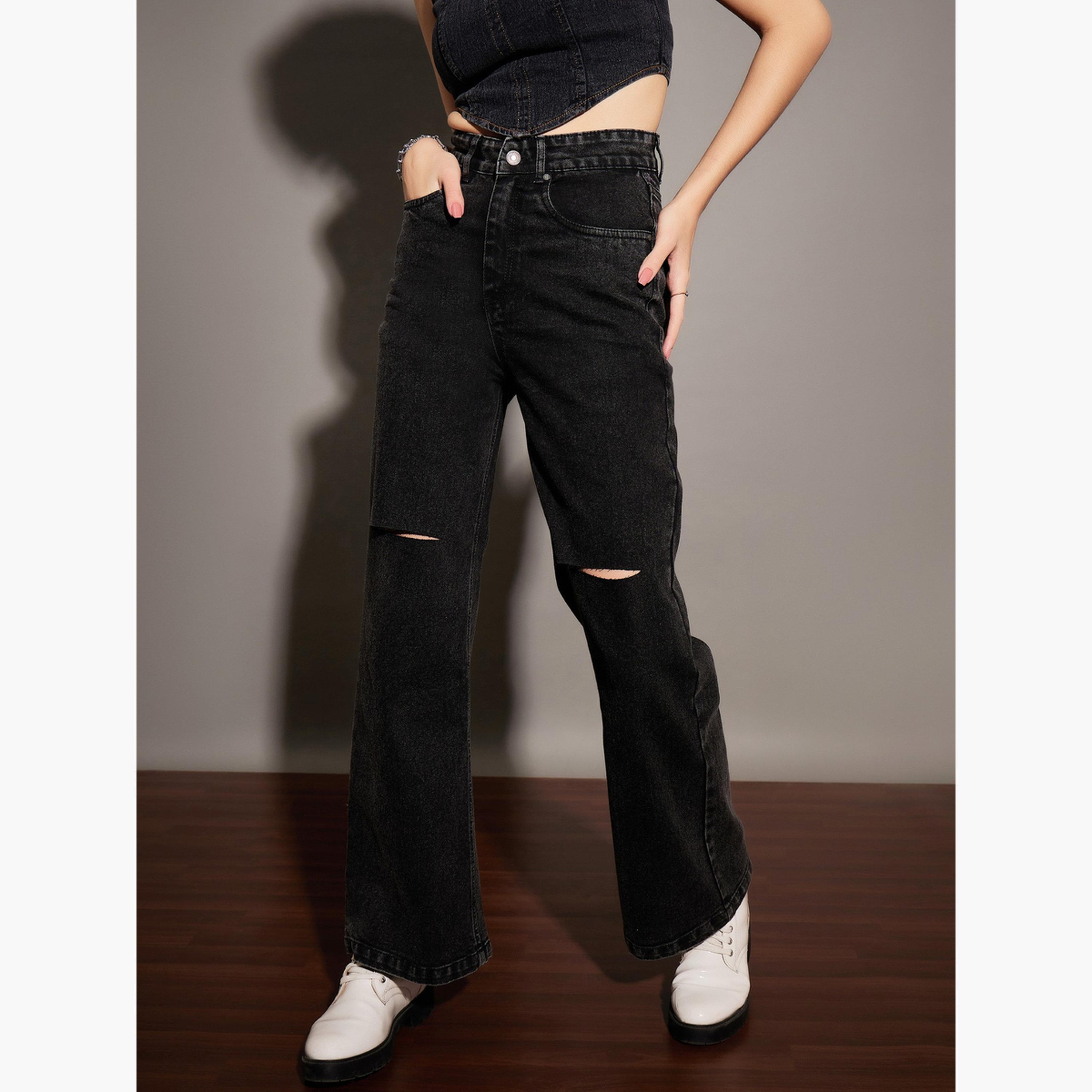 ساسافراس - بنطال جينز مستقيم مغسول باللون الأسود بخصر مرتفع وشق عند الركبة للنساء-women-clothing-bottoms-jeans-image-6