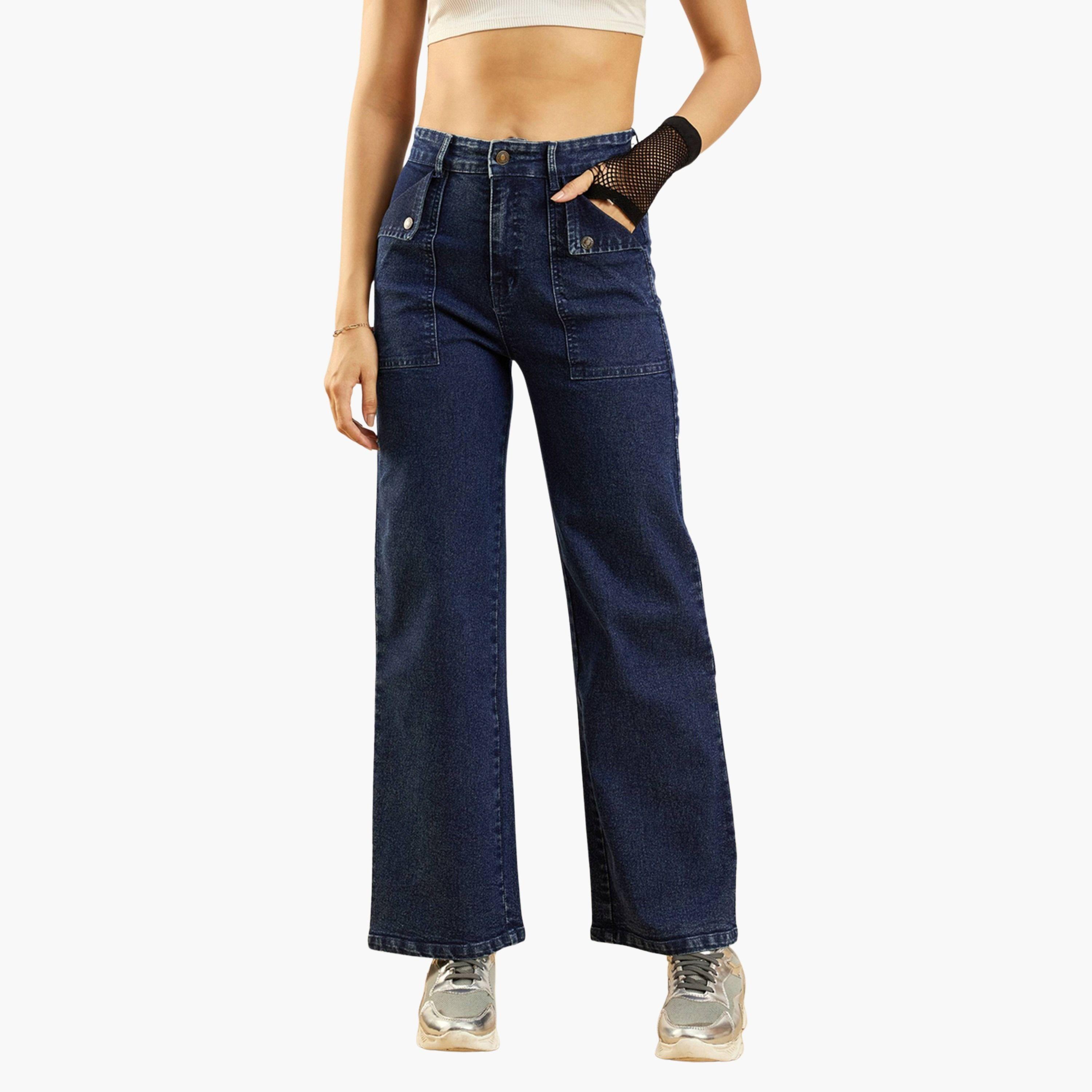ساسافراس - بنطال جينز نسائي أزرق بخصر مرتفع وقصة مستقيمة مغسولة-women-clothing-bottoms-jeans-image-1