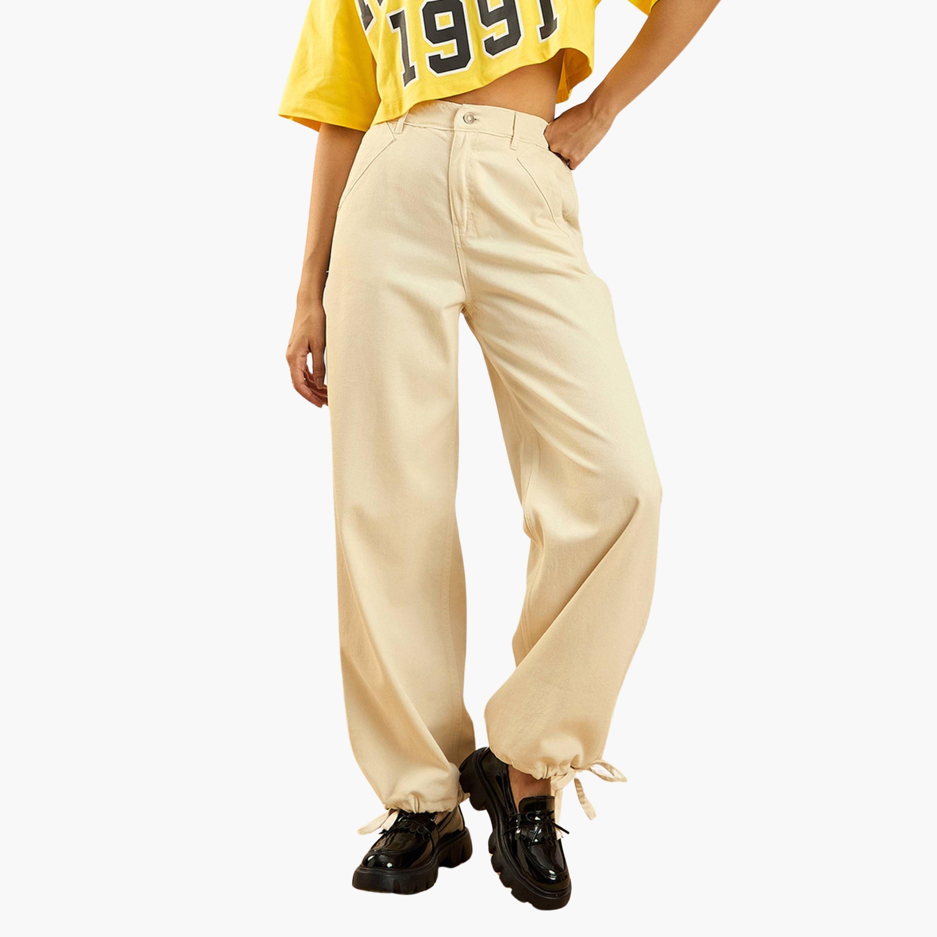 ساسافراس - بنطال جينز نسائي بيج بخصر مرتفع وحاشية برباط-women-clothing-bottoms-jeans-image-1