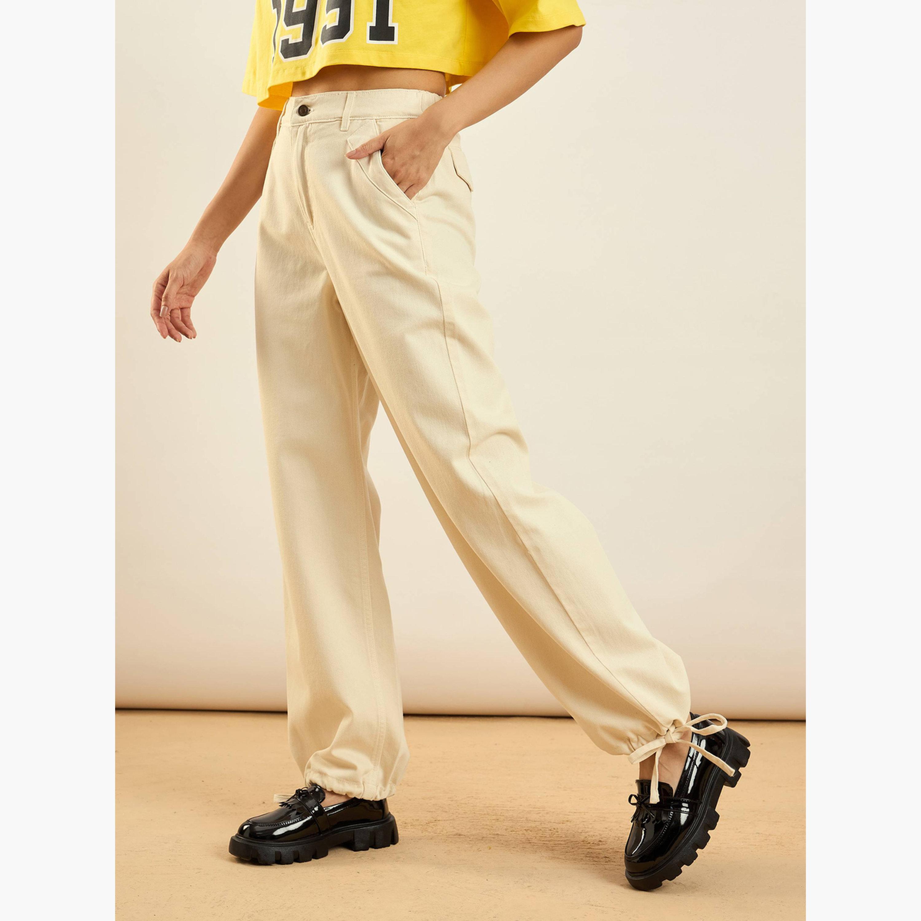 Sassafras Women Beige High Rise Drawstring Hem Jogger Jeans-women-clothing-bottoms-jeans-image-3