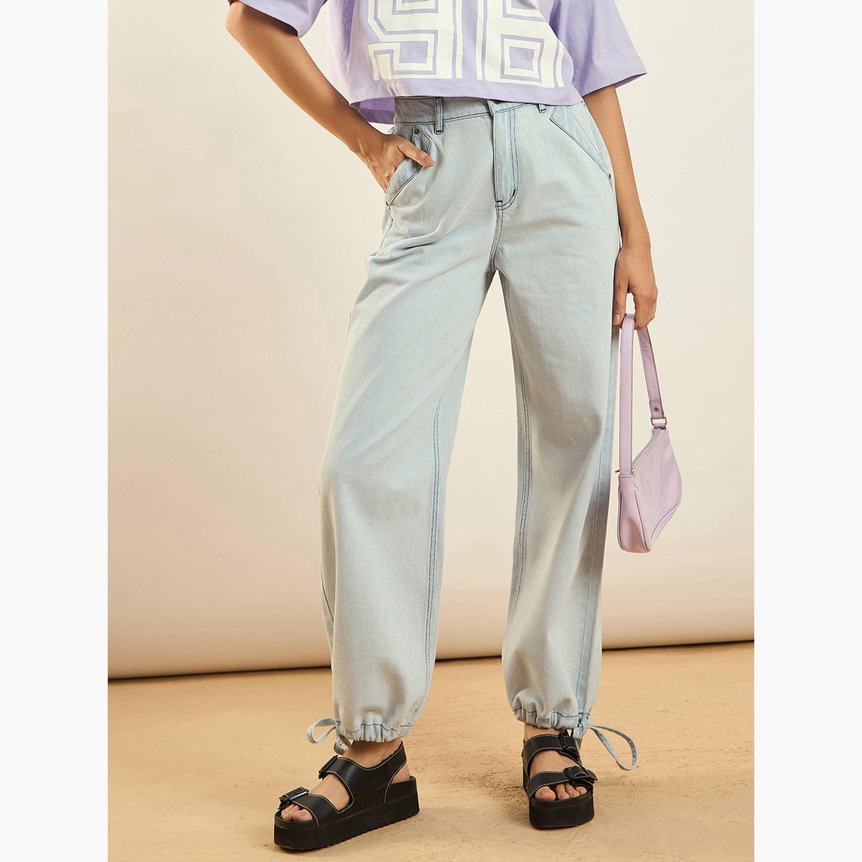 ساسافراس - بنطال جينز رياضي أزرق بخصر مرتفع وحاشية برباط للنساء-women-clothing-bottoms-jeans-image-1