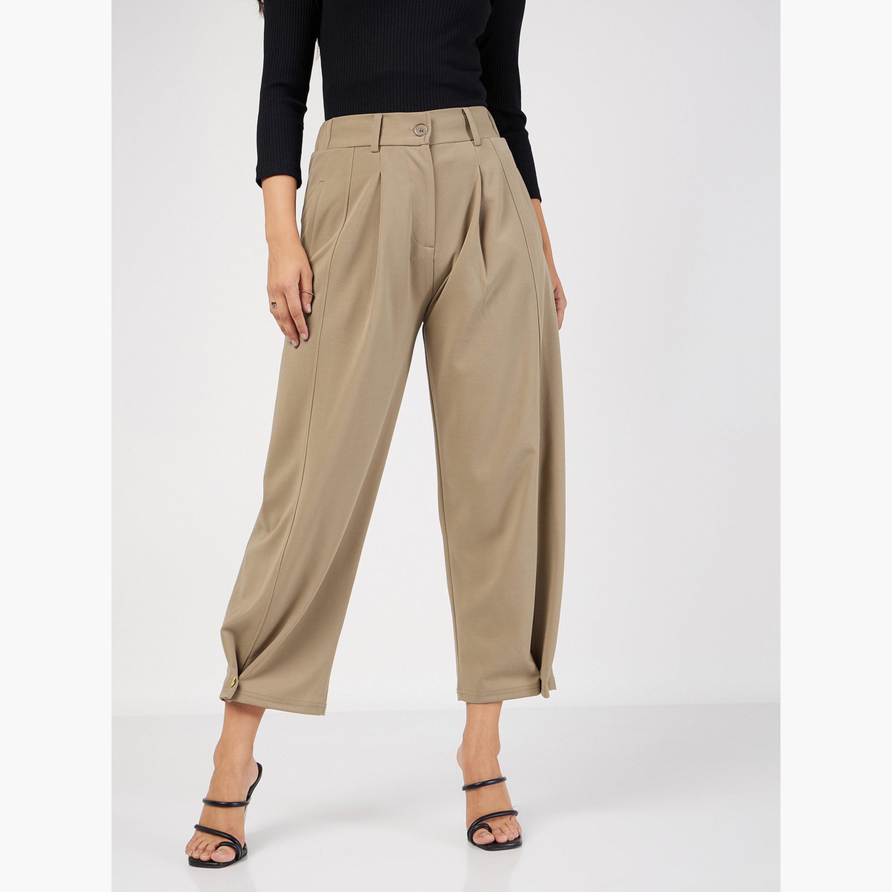 ساسافراس - بنطال بالون ذو حافة أزرار مطوية لون بيج سادة للنساء-women-clothing-bottoms-trousers-image-1